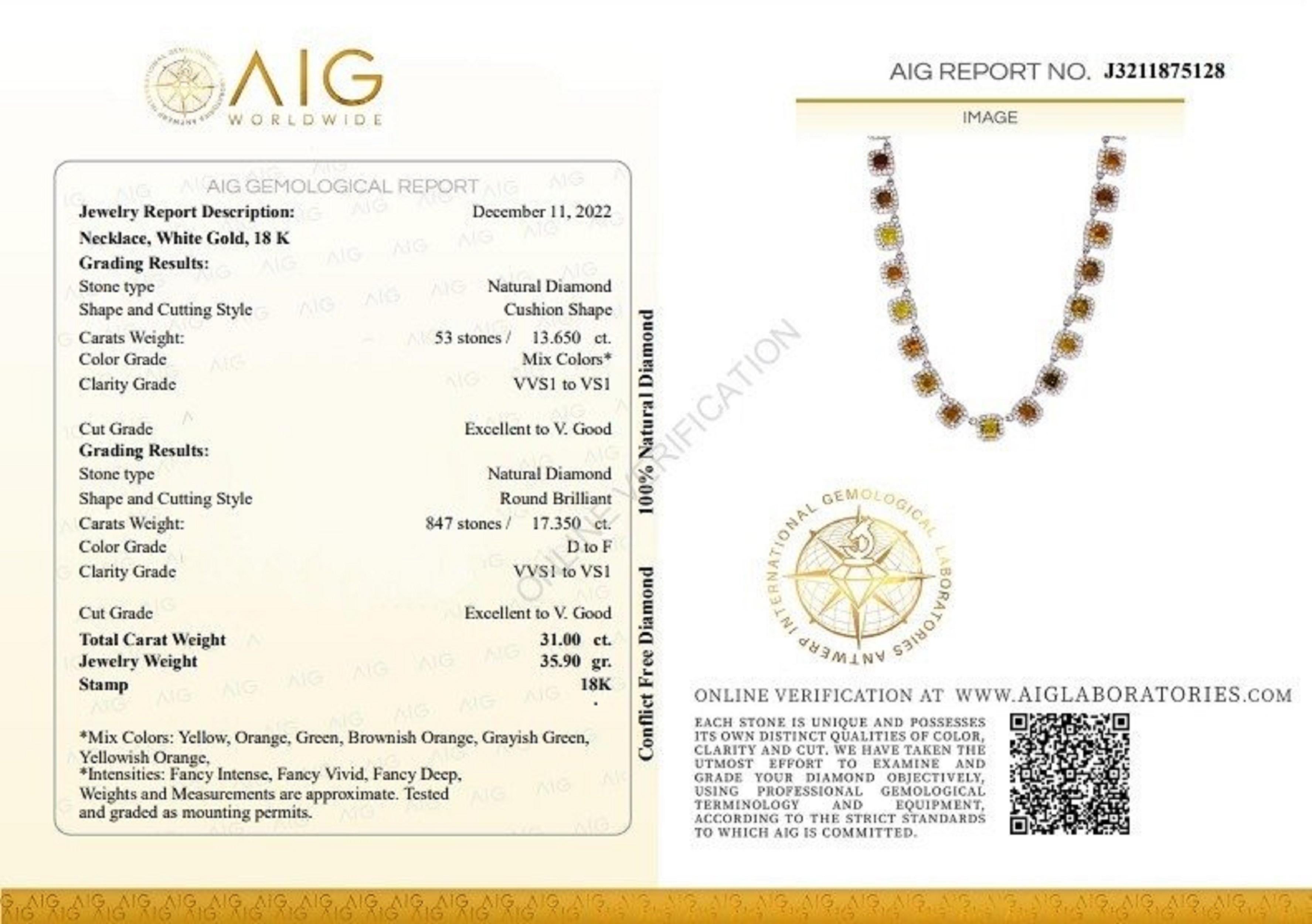 Cushion Cut Luxurious 18k White Gold Halo Riviera Necklace 31.0 Ct Natural Diamonds AIG Cert For Sale