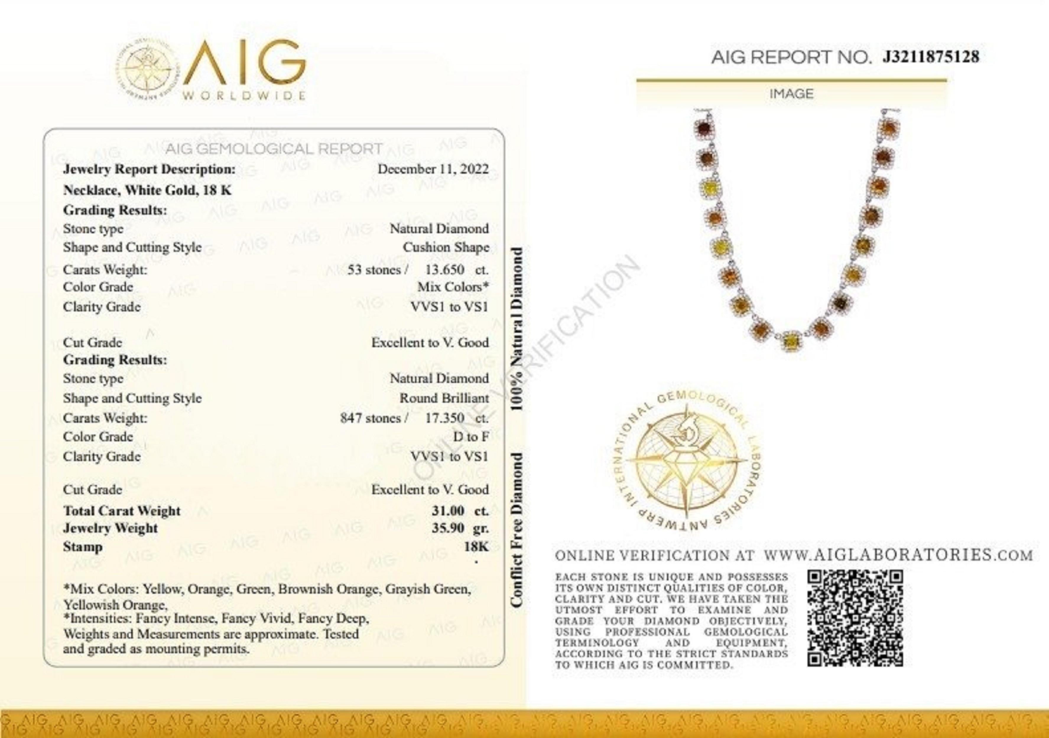 Cushion Cut Luxurious 18k White Gold Halo Riviera Necklace 31.0 Ct Natural Diamonds AIG Cert