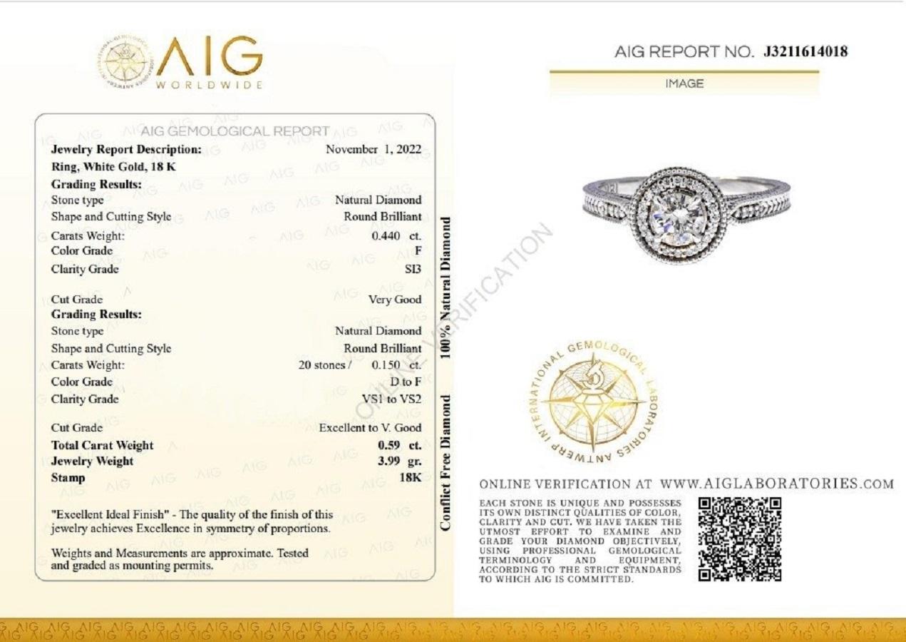 Round Cut Luxurious 18k White Gold Vintage Ring with 0.59 ct Natural Diamonds AIG Cert