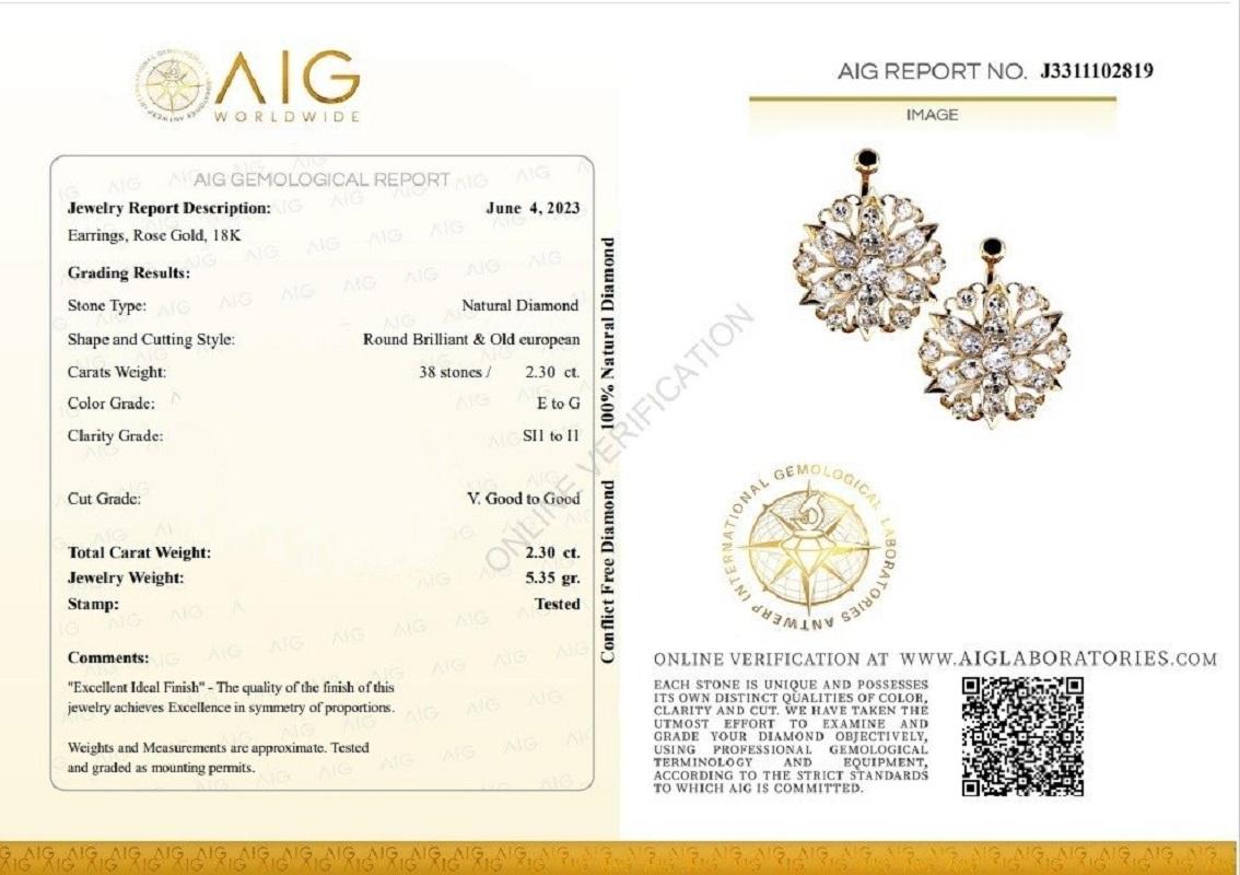 Luxurious 18k Yellow Gold Cluster Earrings with 2.06 Carat of Natural Diamonds For Sale 2