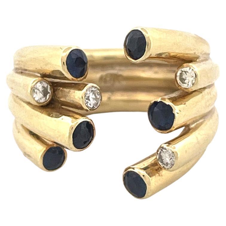 Luxurious 18k Yellow Gold Diamond and Sapphire Split Open End Cuff Ring For Sale