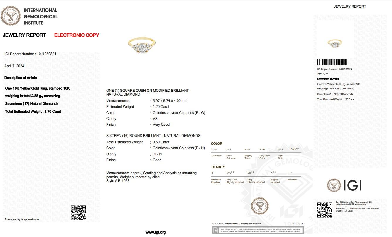 Women's Luxurious 18k Yellow Gold Diamond Pave Ring w/1.70 ct - IGI Certified