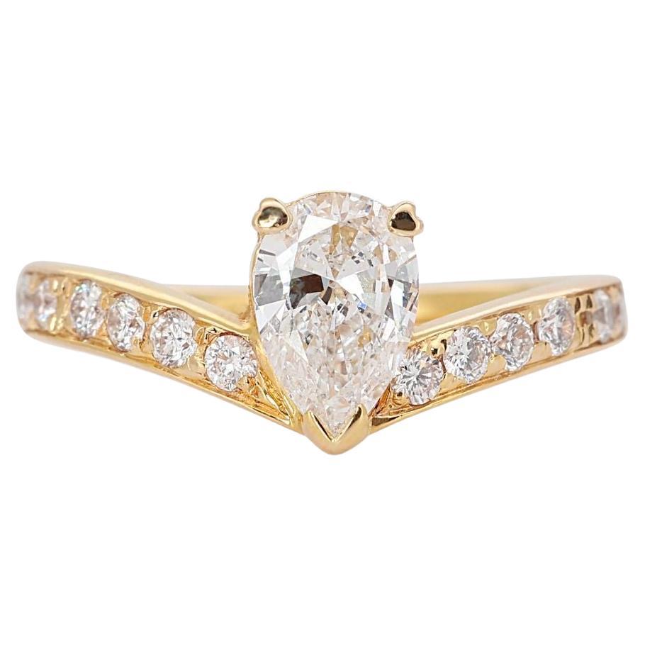 Luxurious 18K Yellow Gold Pave Ring with 0.67 Ct Pear Natural Diamonds, GIA Cert