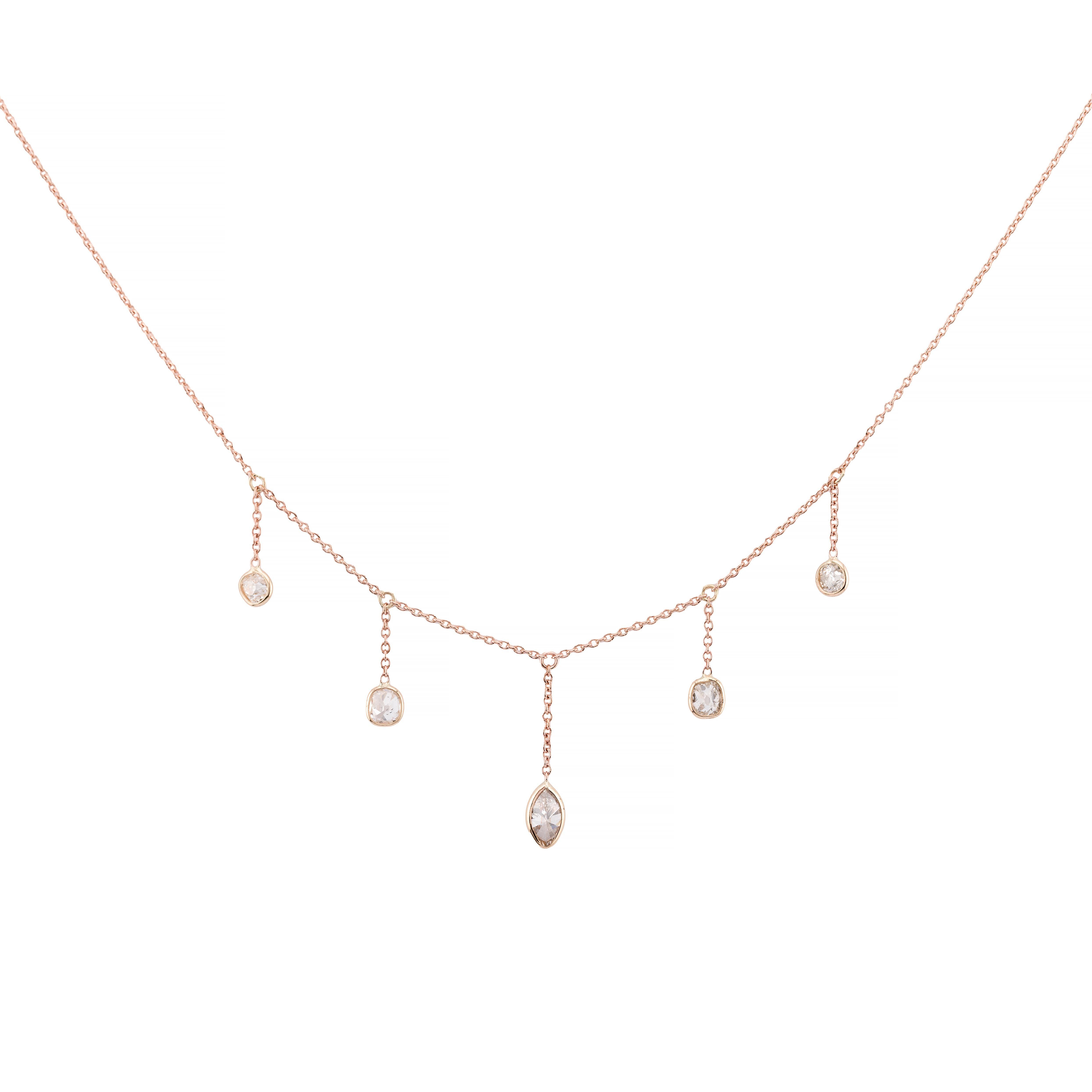 Luxurious 2.04ctw Mine Cut Diamond Fringe Necklace in 14K Rose Gold In Excellent Condition For Sale In Boston, MA
