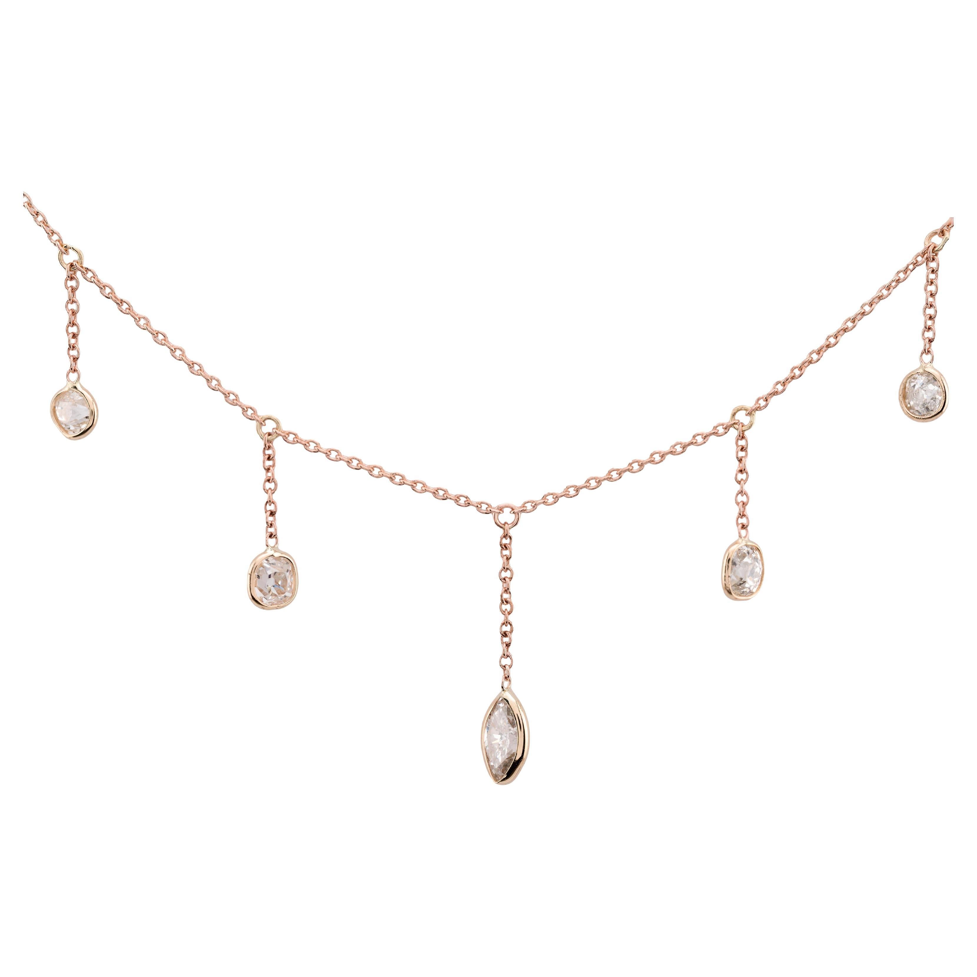 Luxurious 2.04ctw Mine Cut Diamond Fringe Necklace in 14K Rose Gold For Sale