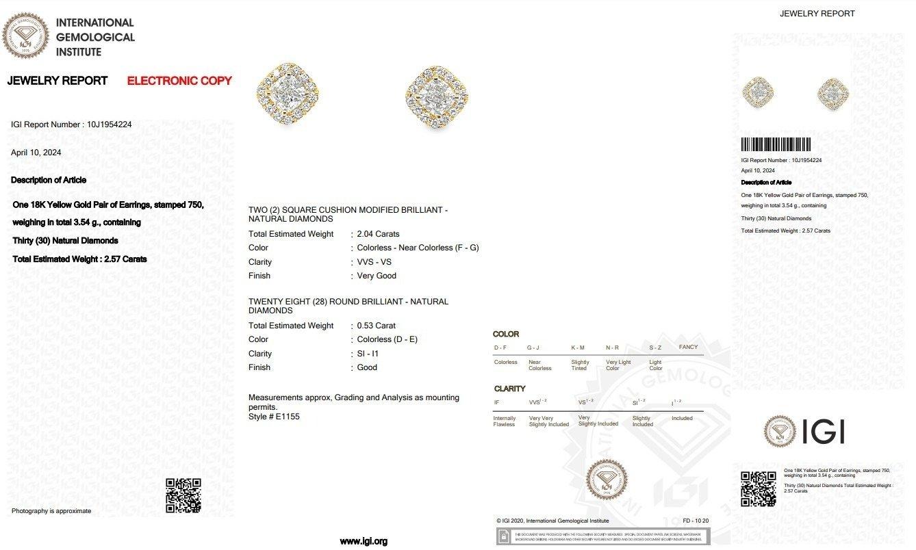 Luxurious 2.57 ct Cushion Cut Diamond Halo Earrings in 18k Yellow Gold – IGI For Sale 1