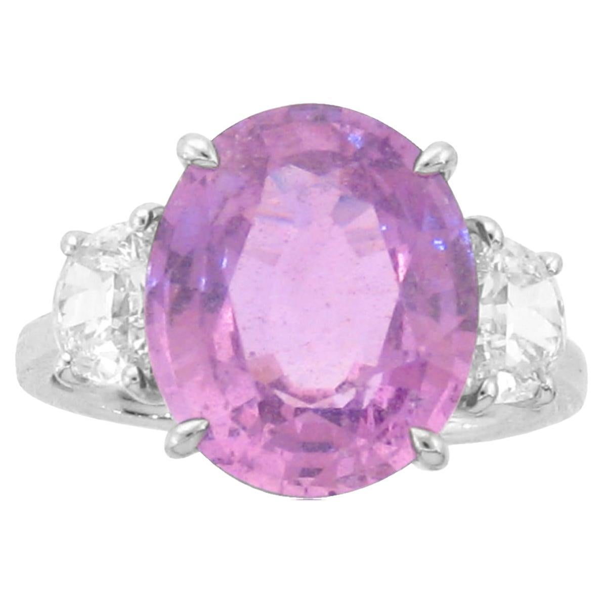Luxurious 3 Stone Pink Sapphire And Half Moon Diamonds Ring - GIA certified For Sale