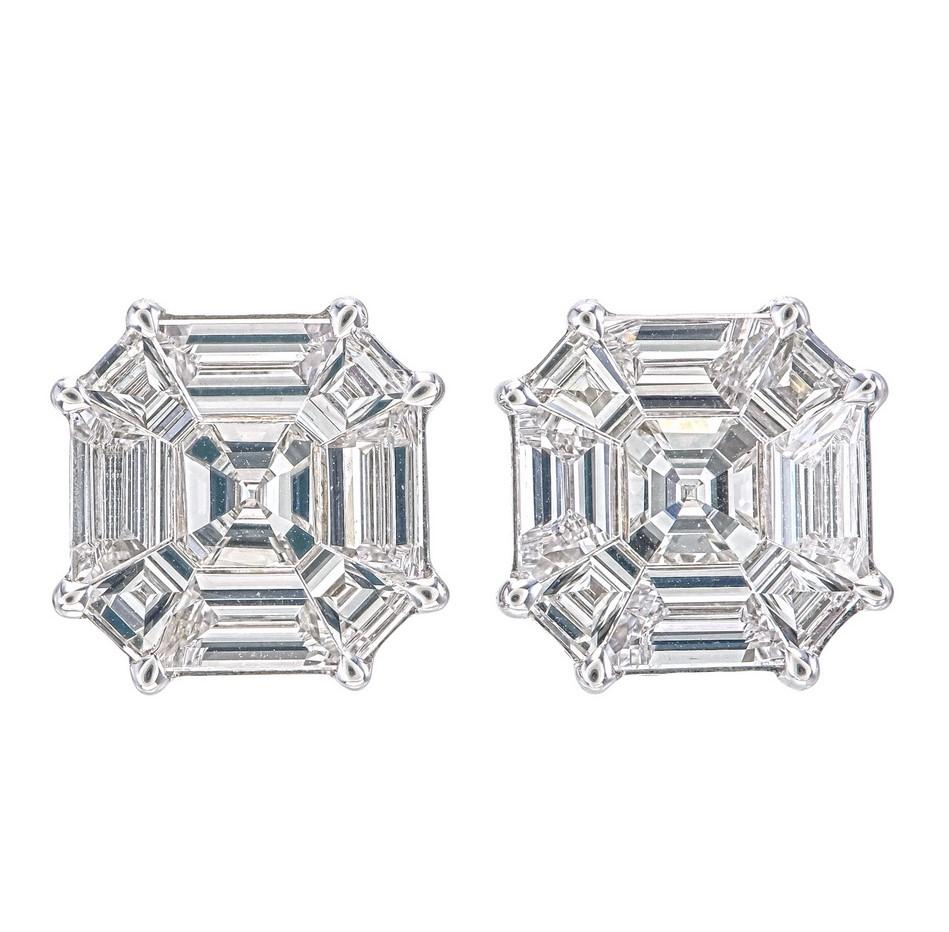 Elevate your jewelry collection with these breathtaking 3.80 carat pie-cut Asscher diamond earrings. Designed to replicate the beauty of a single Asscher-cut diamond, each earring is crafted using a meticulously arranged cluster of precision-cut