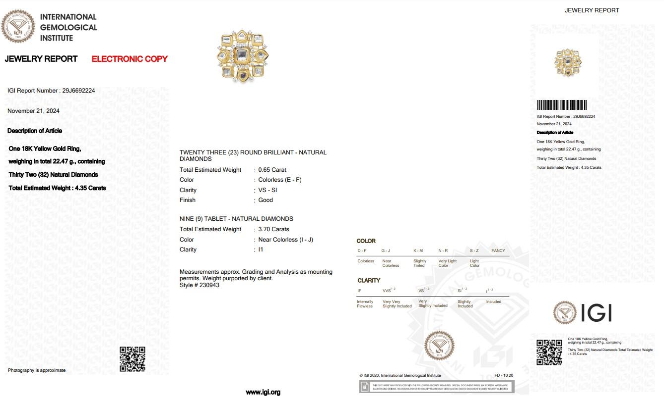 Luxueuse bague cocktail en or jaune 18 carats de 4,35 ct de diamants - certifiée IGI en vente 1