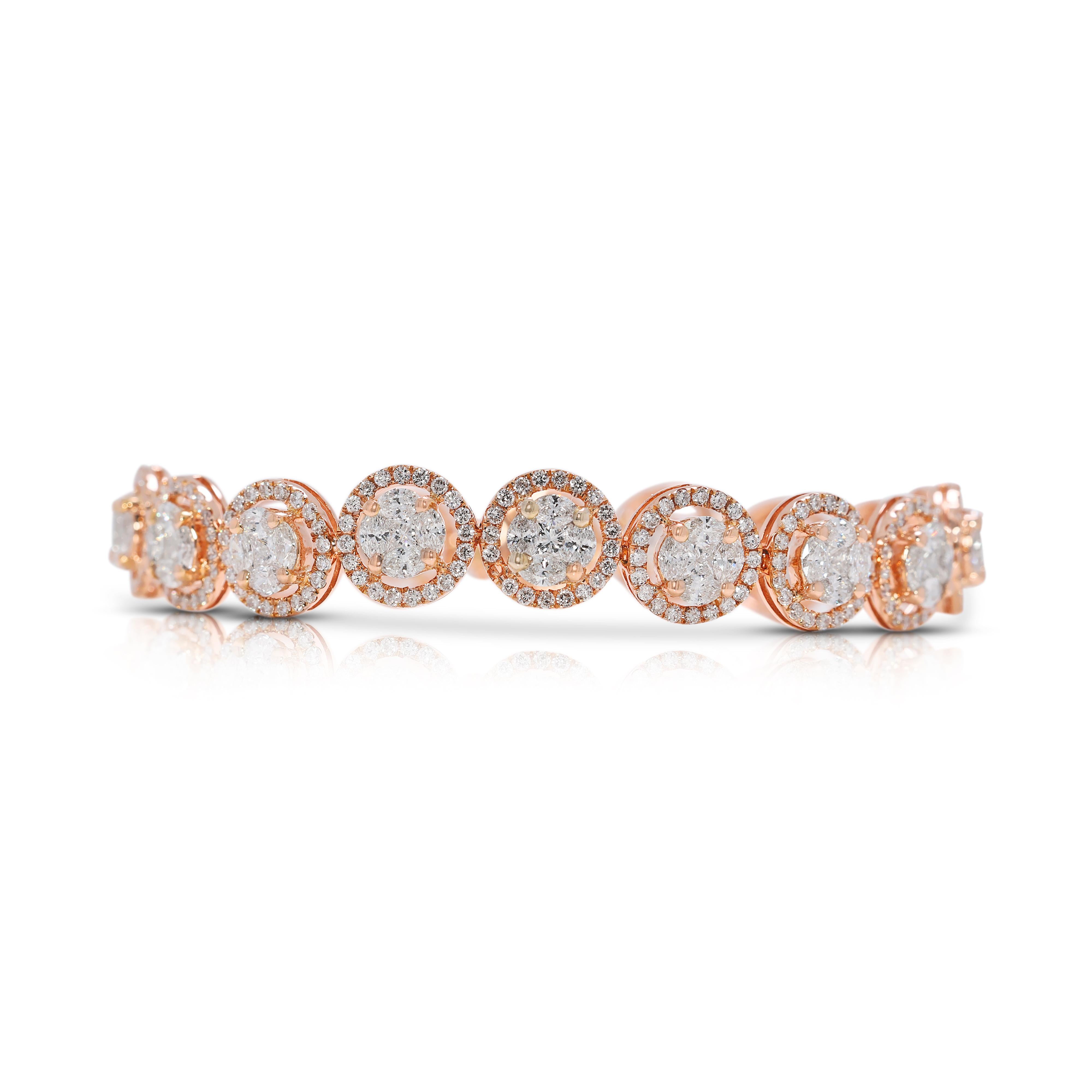 Lujosa pulsera de diamantes naturales talla múltiple de 4,59 ct en oro rosa de 18 quilates en Excelente estado para la venta en רמת גן, IL