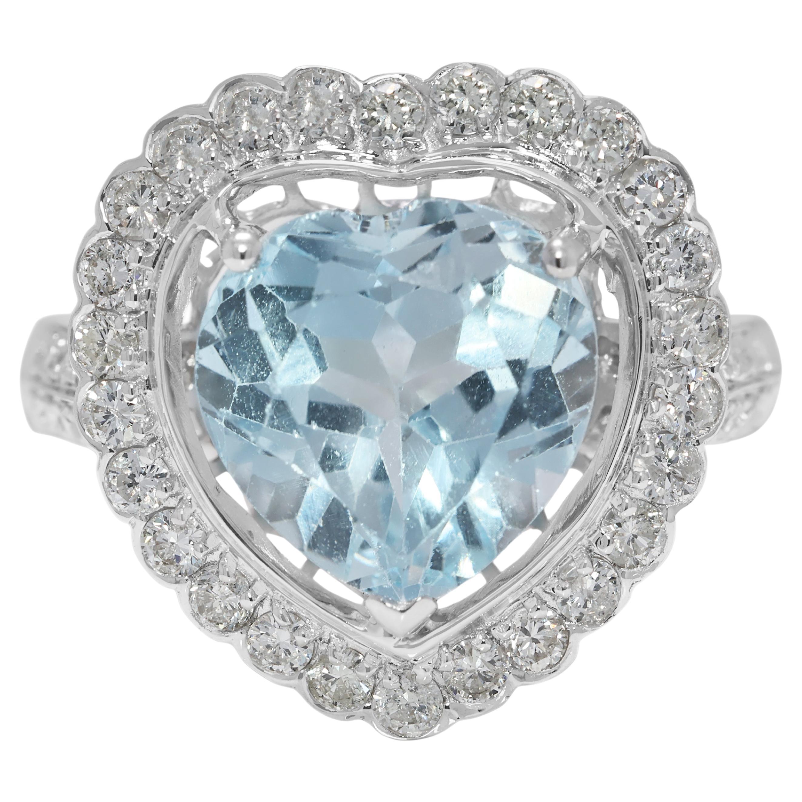 Lussuoso anello a forma di cuore con topazio e diamanti naturali da 4,89 carati in oro bianco 18 carati