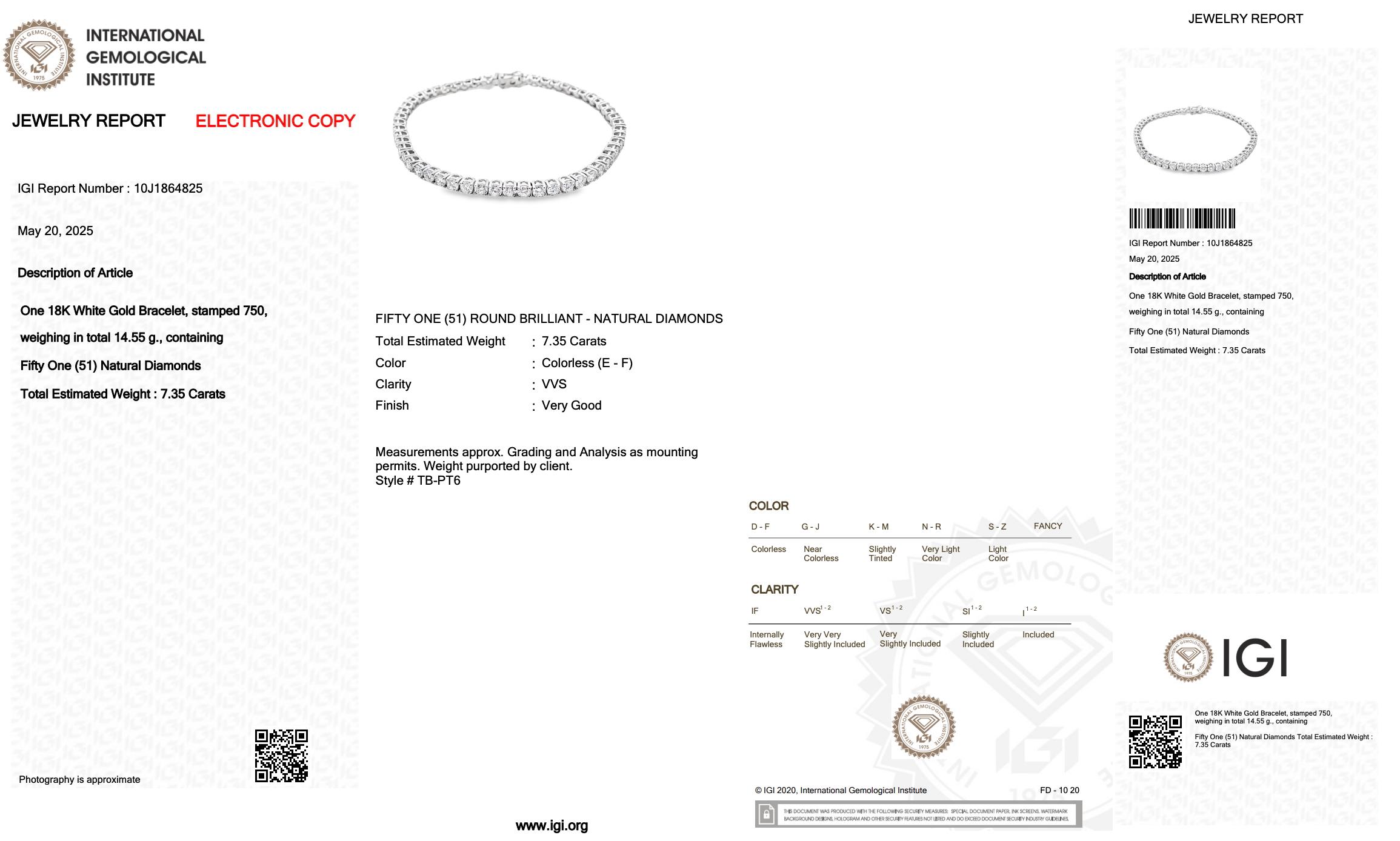 Luxurious 7.35ct Diamonds Tennis Bracelet in 18k White Gold - IGI Certified en venta 1