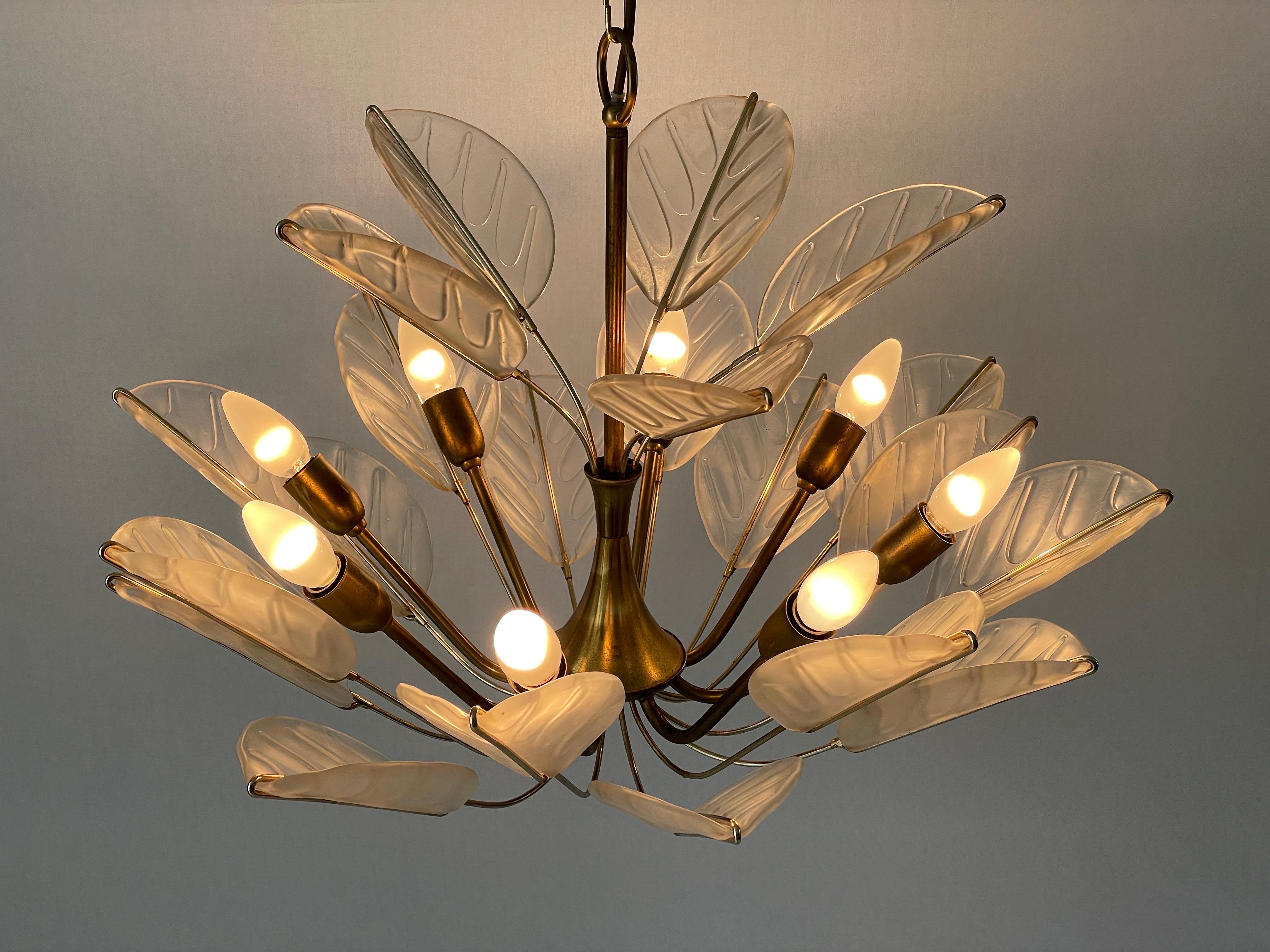 Luxurious 8-armed Brass Chandelier with Crystal Glass Leaves, 1960s, Germany For Sale 8