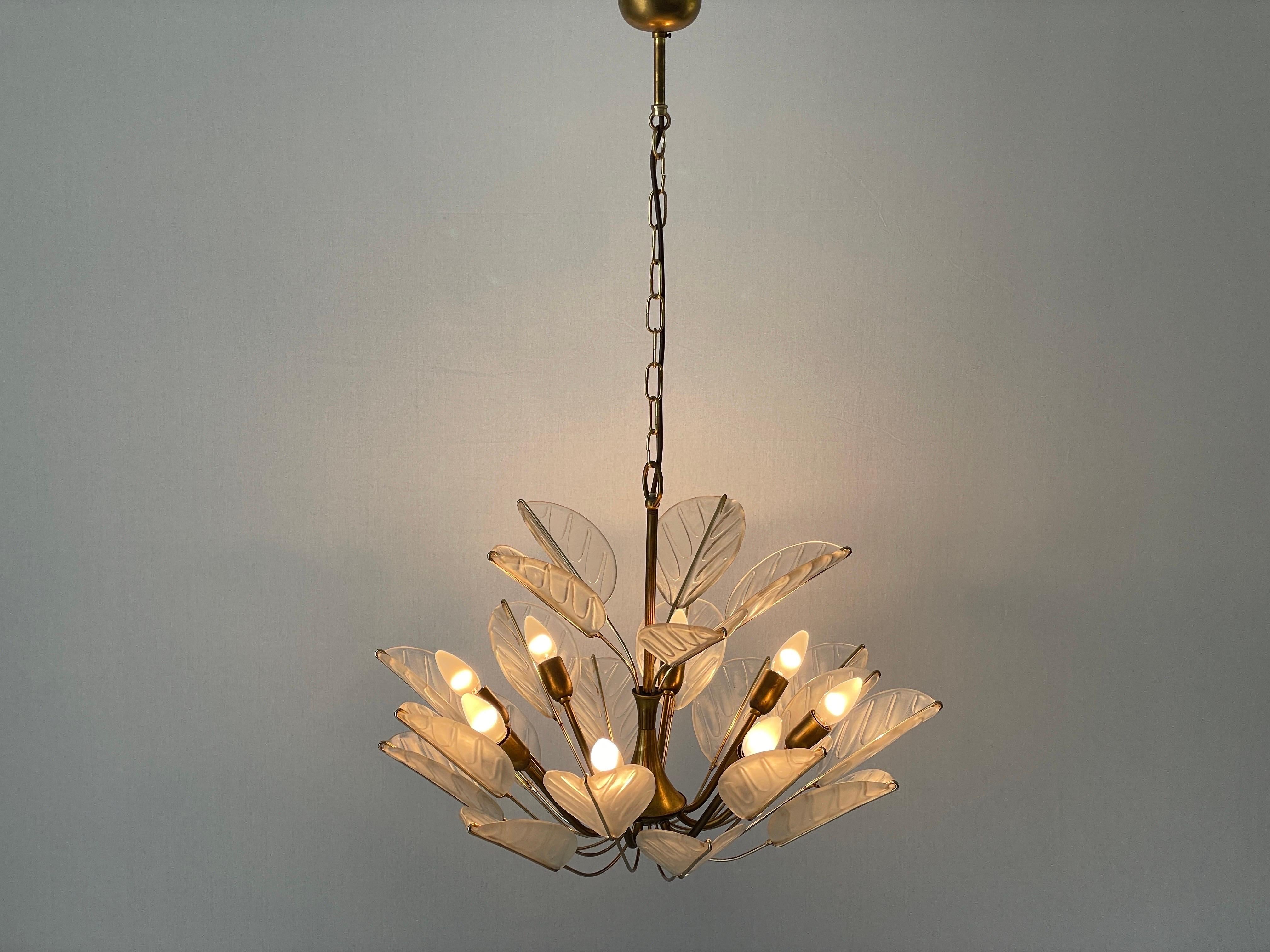 Luxurious 8-armed Brass Chandelier with Crystal Glass Leaves, 1960s, Germany For Sale 9