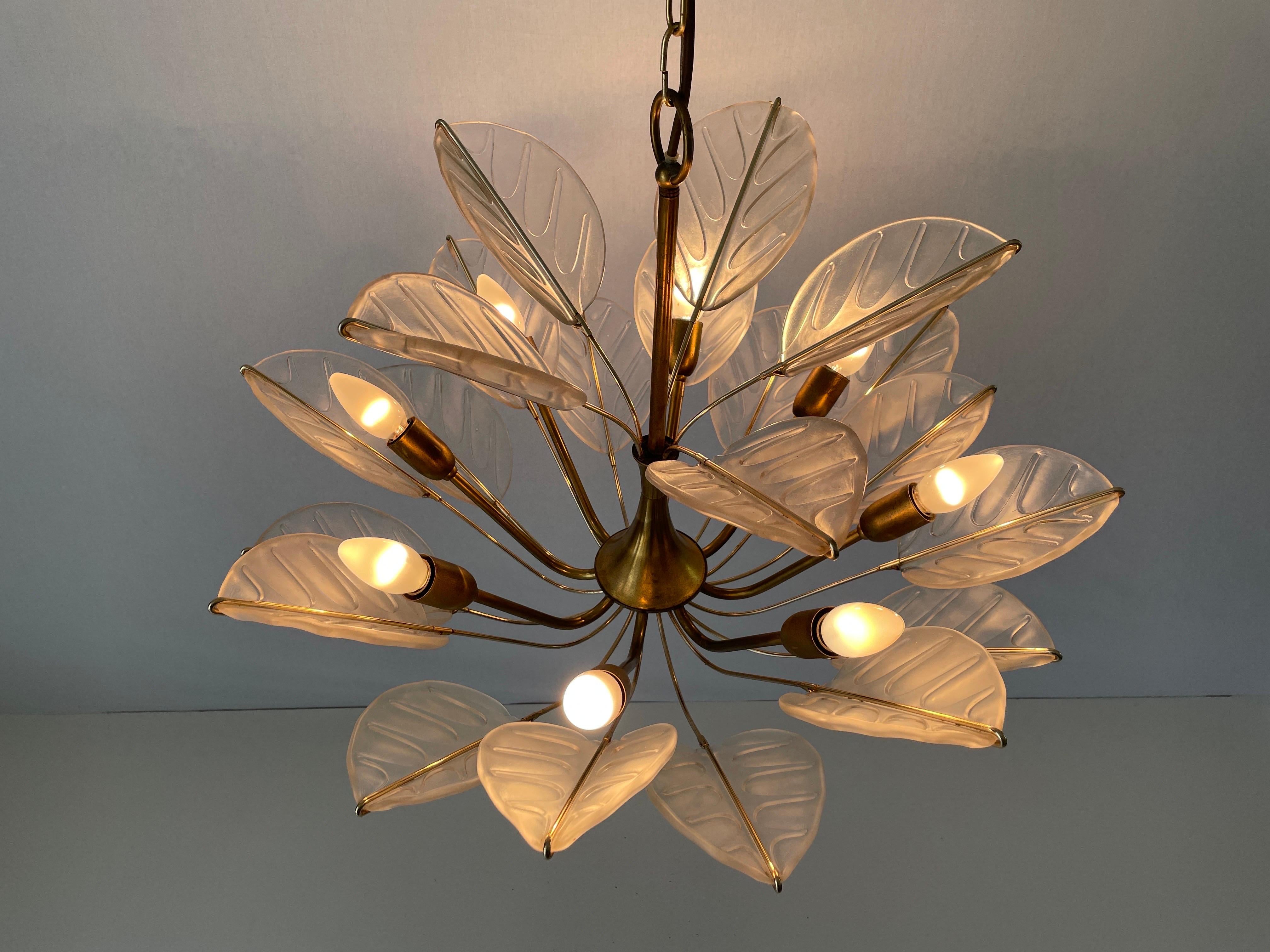 Luxurious 8-armed Brass Chandelier with Crystal Glass Leaves, 1960s, Germany For Sale 12