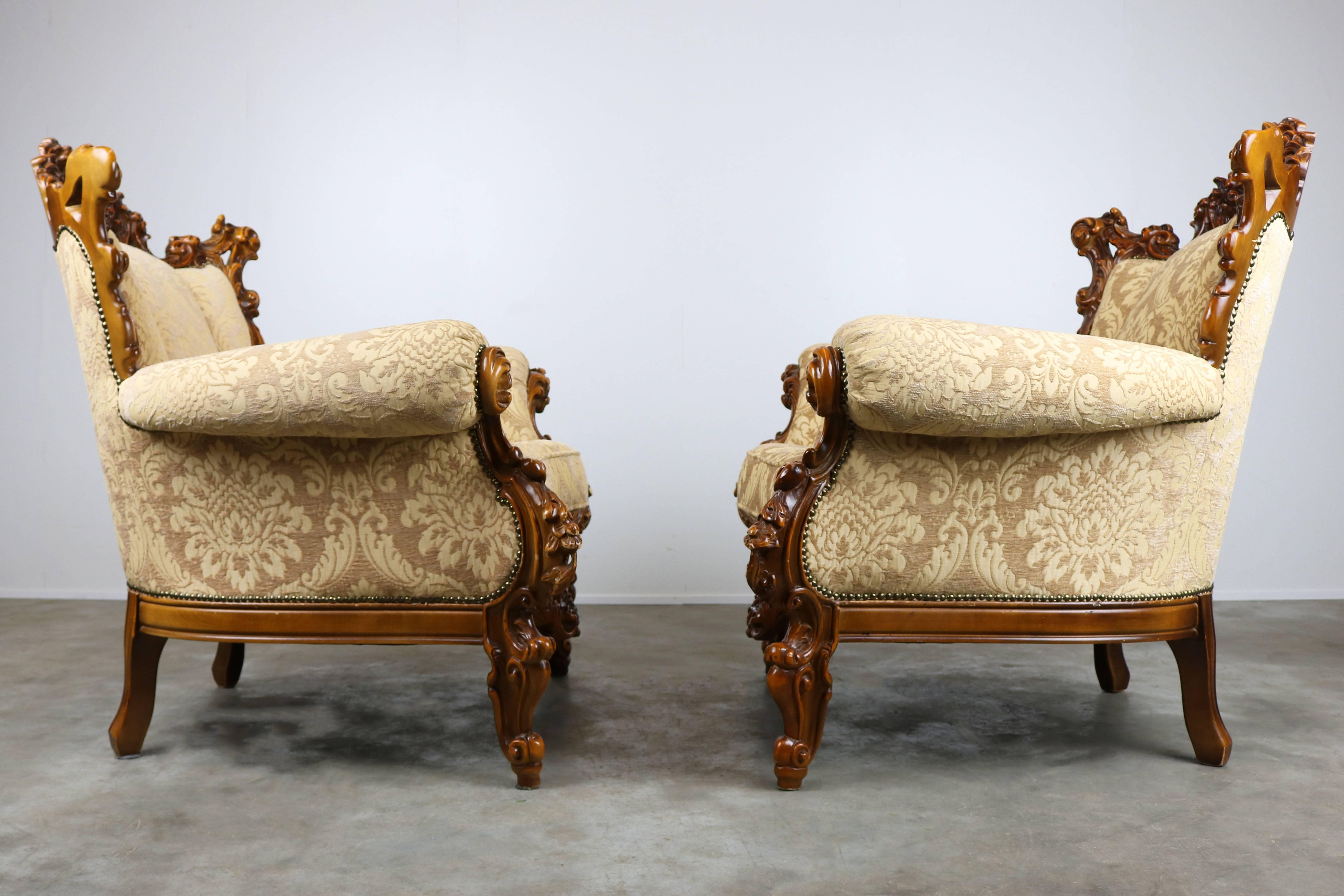 Rococo Luxueuses chaises longues italiennes anciennes en marron beige de style rococo/baroque en vente
