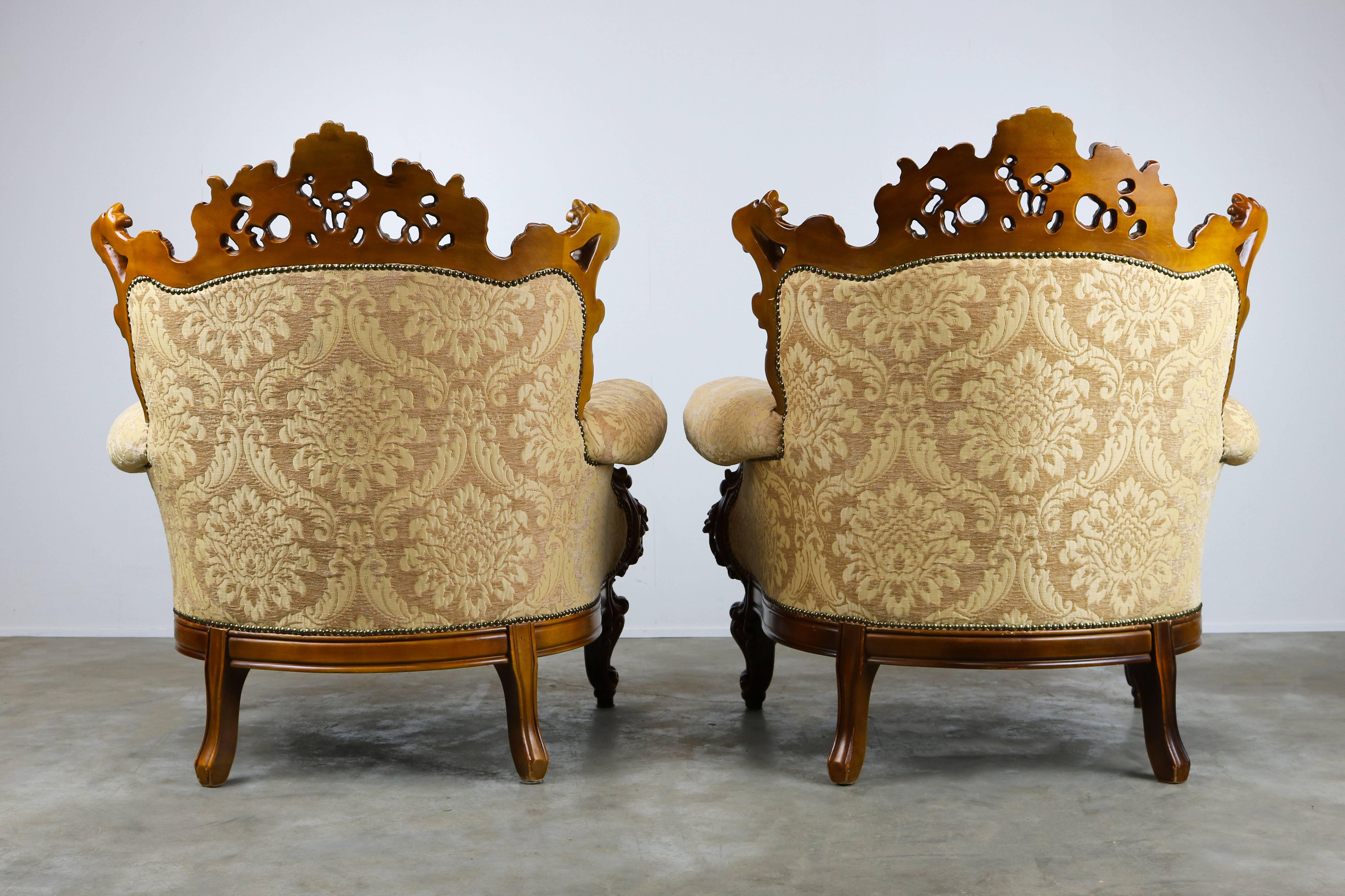 Tissu Luxueuses chaises longues italiennes anciennes en marron beige de style rococo/baroque en vente