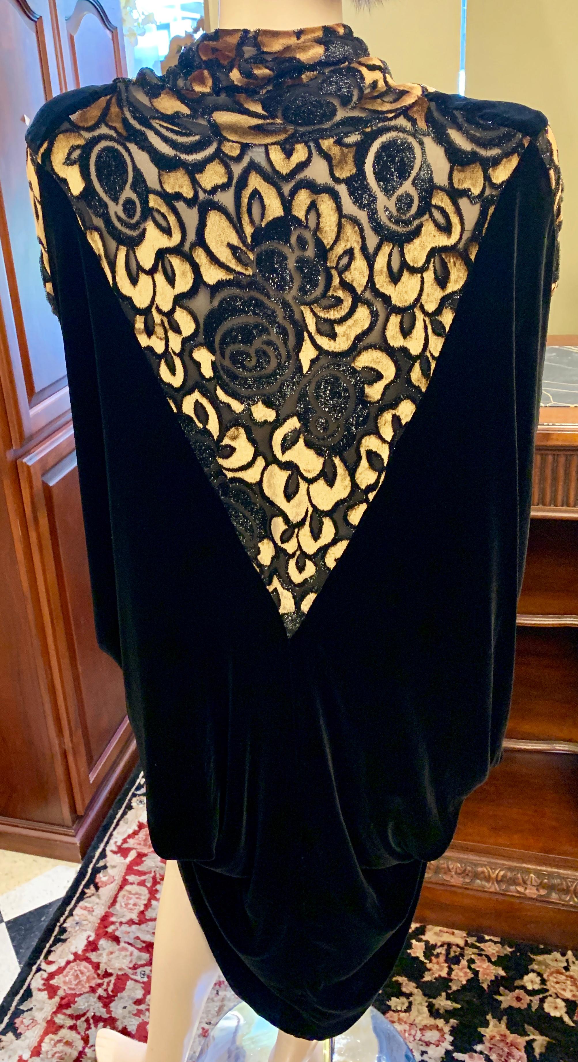Luxurious APROPOS Black and Gold Silk Velvet Cocoon Dress Vintage 1980s Art Deco 6