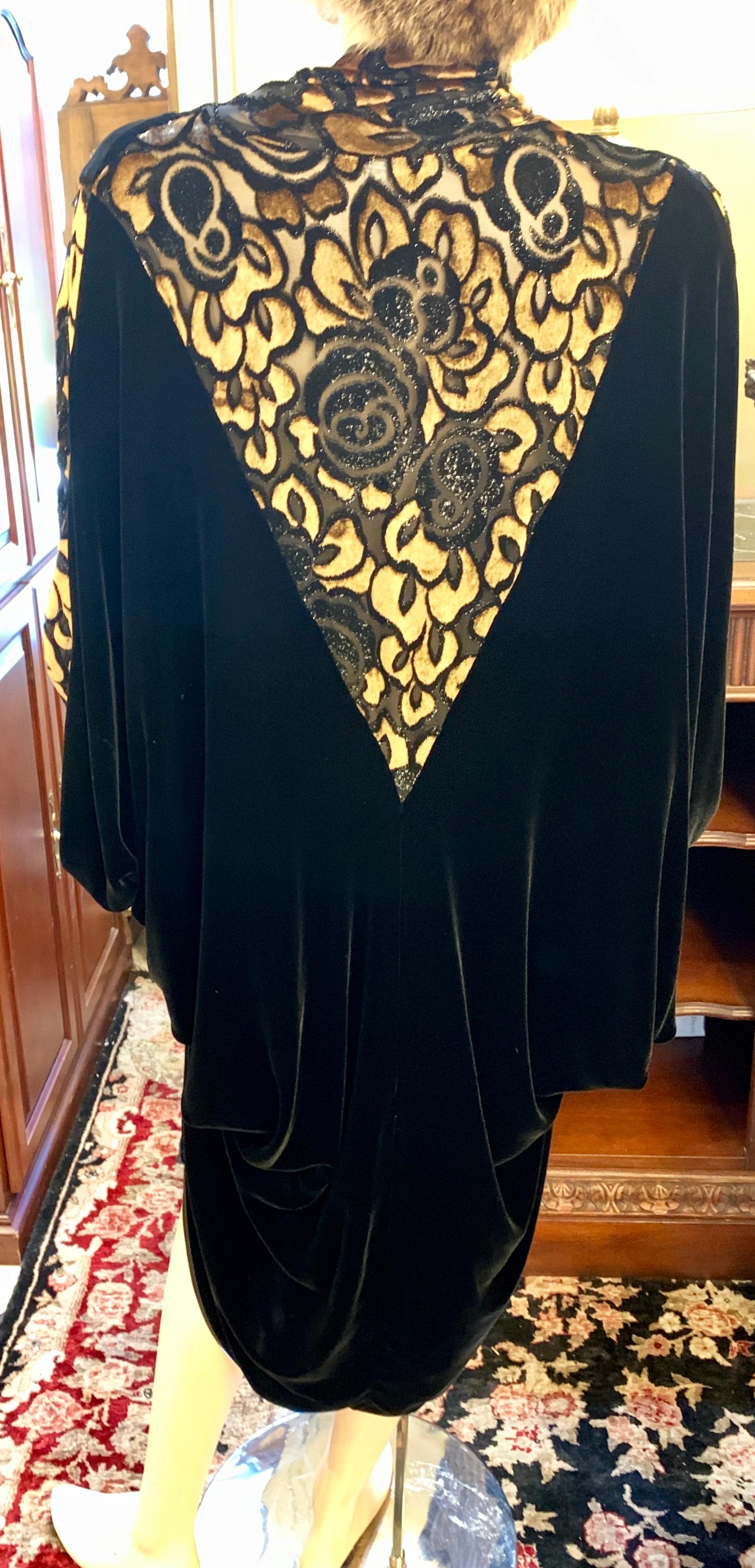 Luxurious APROPOS Black and Gold Silk Velvet Cocoon Dress Vintage 1980s Art Deco 3