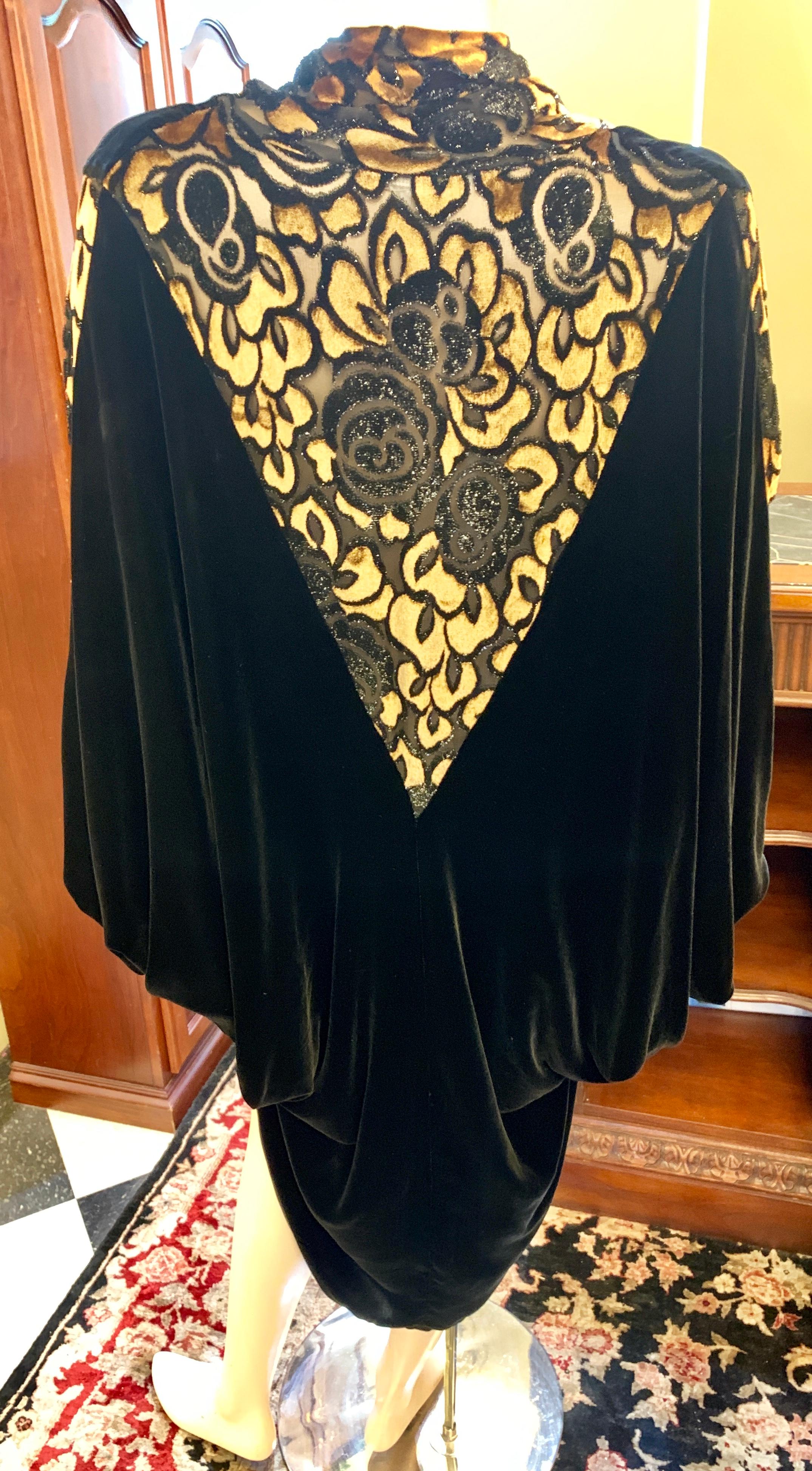 Luxurious APROPOS Black and Gold Silk Velvet Cocoon Dress Vintage 1980s Art Deco 5