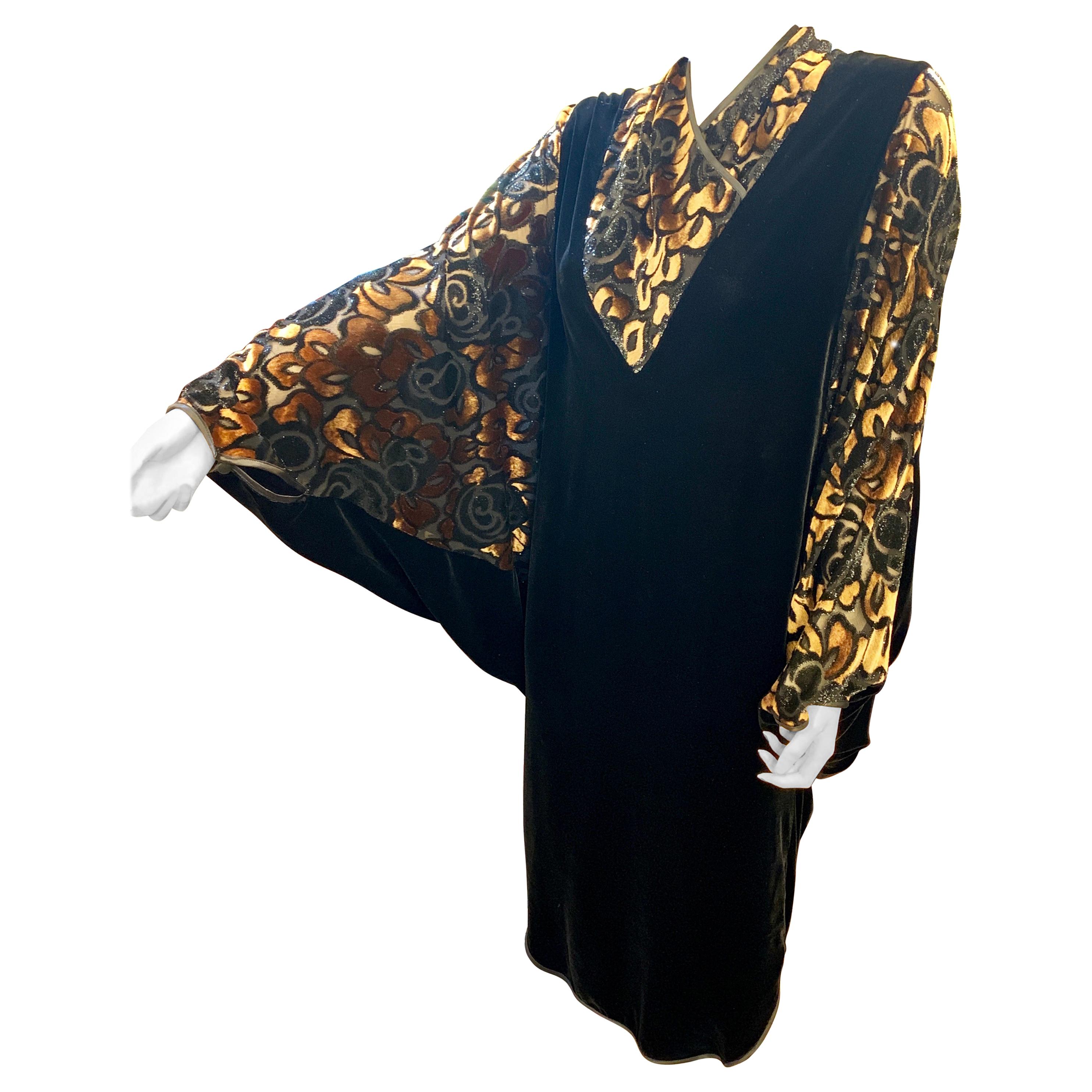 Luxurious APROPOS Black and Gold Silk Velvet Cocoon Dress Vintage 1980s Art Deco