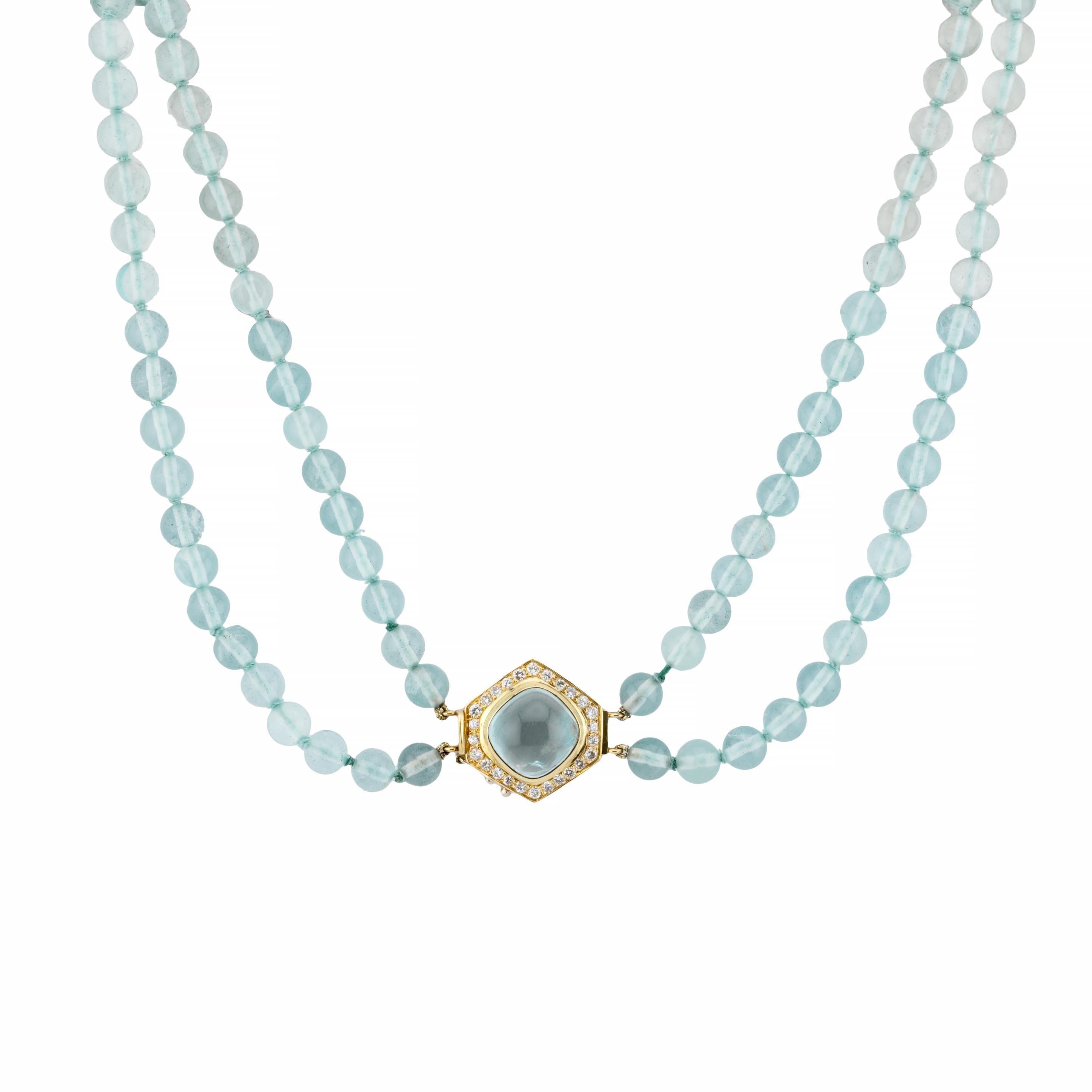 Aston Estate Jewelry Presents:

A beautiful two strand aquamarine bead necklace accented by sparkling diamonds.
Featuring two strands of 7mm seafoam blue aquamarine beads strung on knotted blue silk. Completed by a diamond and aquamarine set hexagon