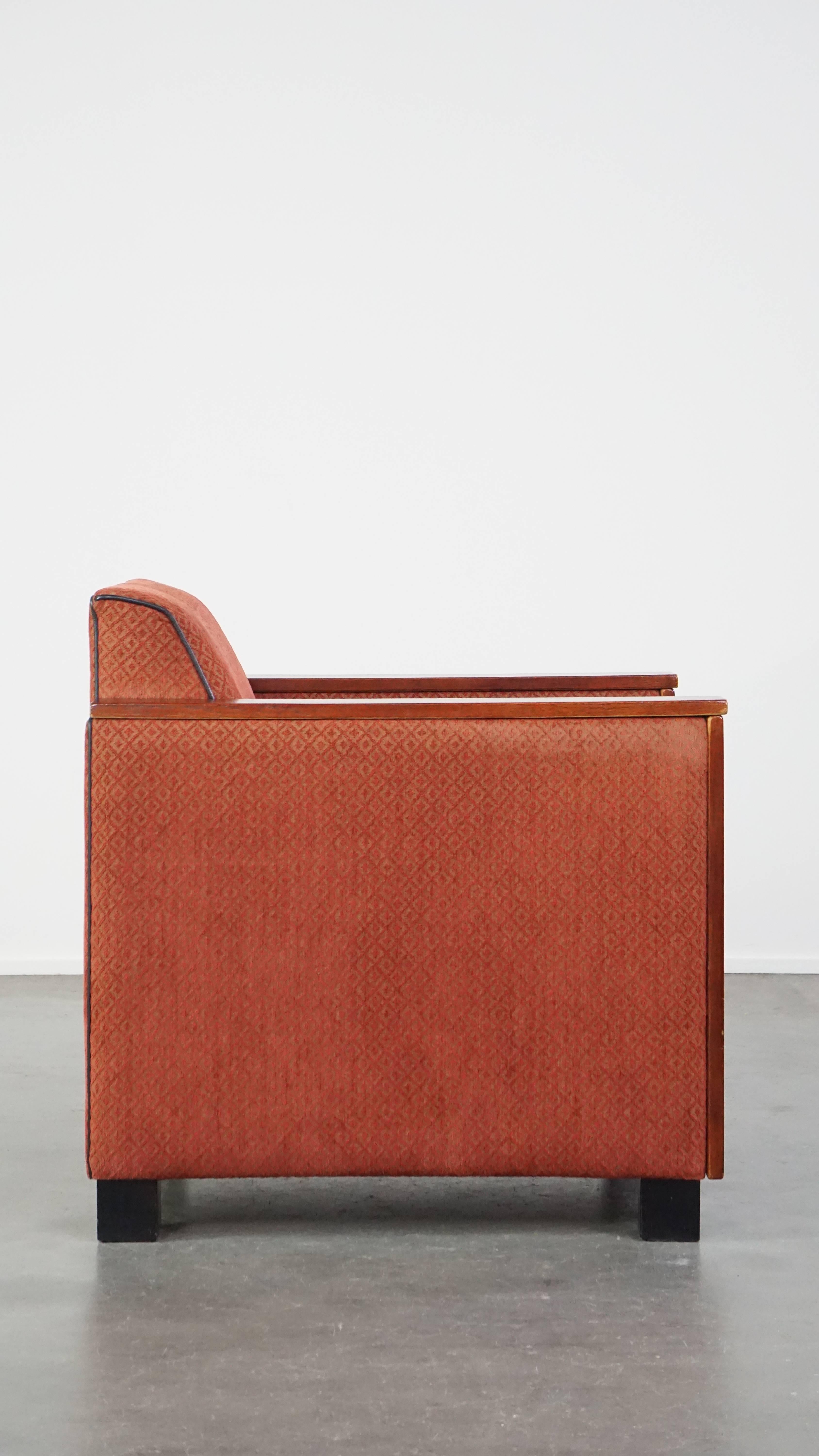 Hand-Crafted Luxurious Art Deco design armchair with red fabric upholstery and wooden details For Sale