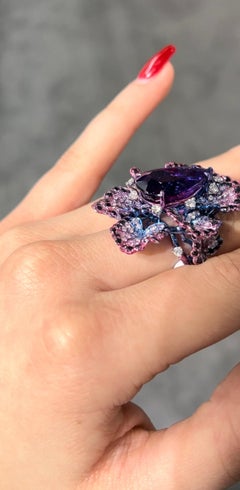 Luxurious Bespoke Amethyst Ring Handmade Ombre Enamel in 18K Pave White Diamond