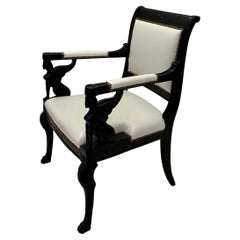 Luxurious Black Ebonized Carved Wood Empire Style Armchair 