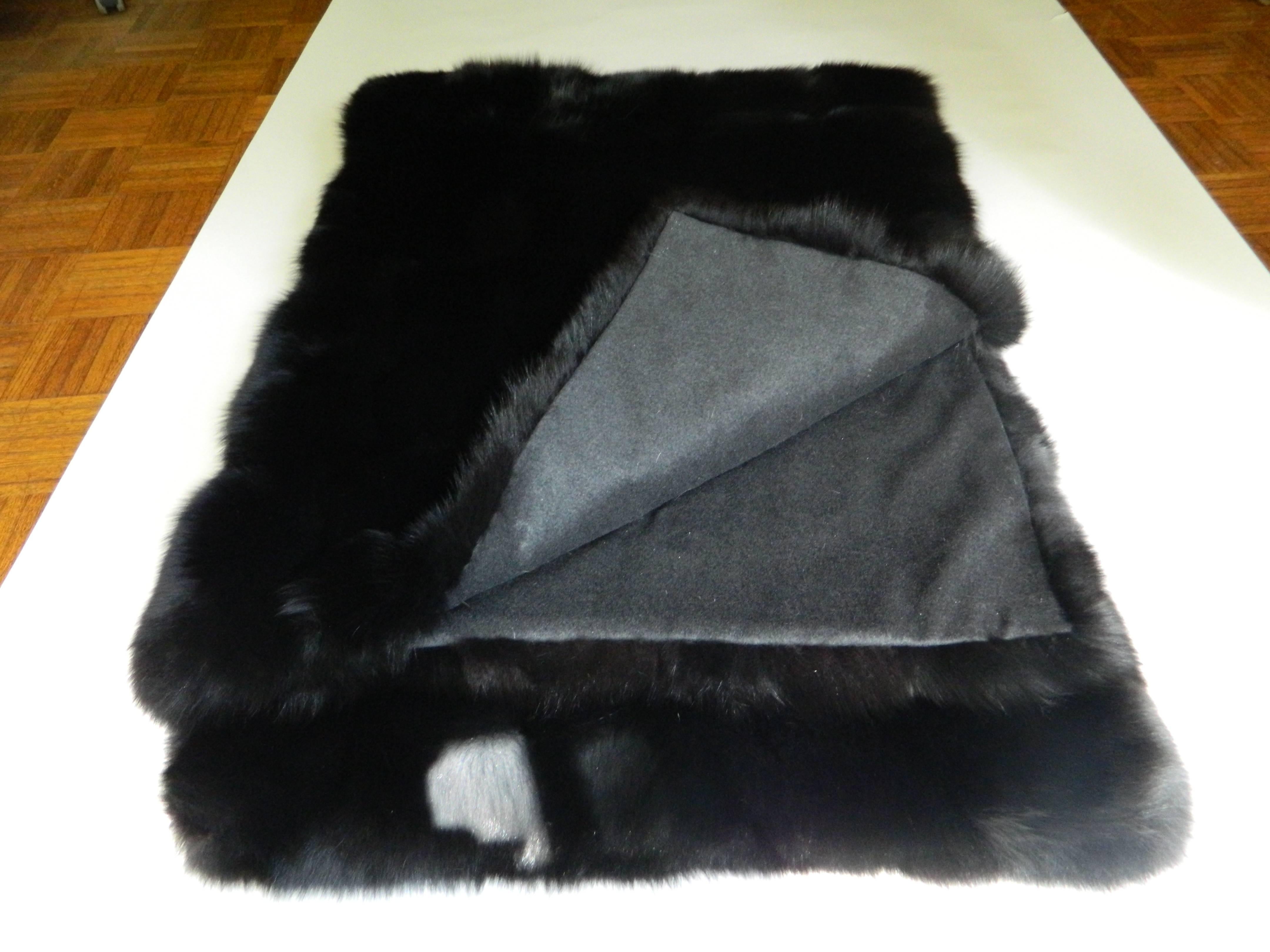 Modern Luxurious Black Fox Fur Throw with Italian Cashmere Lining For Sale