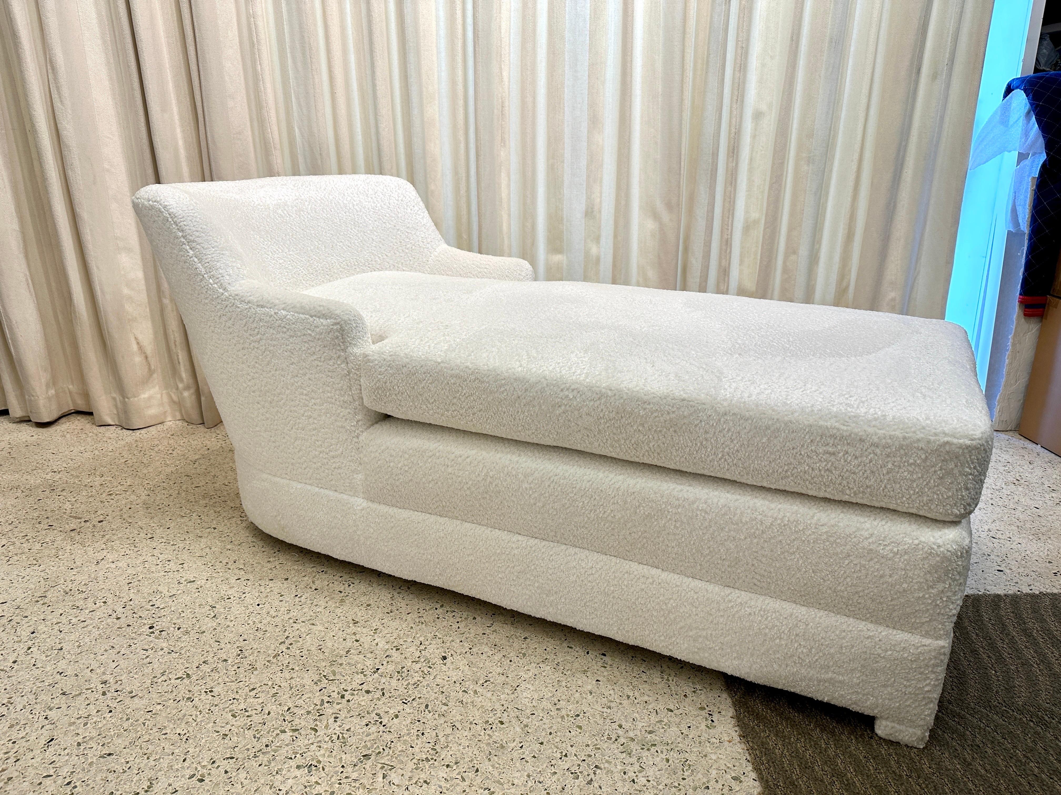 Luxury and comfort is what this newly upholstered chaise longue in Boucle will offer.  Completely clad in fabric, even the feet, this is a great way to add elegance and extra seating to any space.  THIS ITEM IS LOCATED AND WILL SHIP FROM OUR MIAMI,