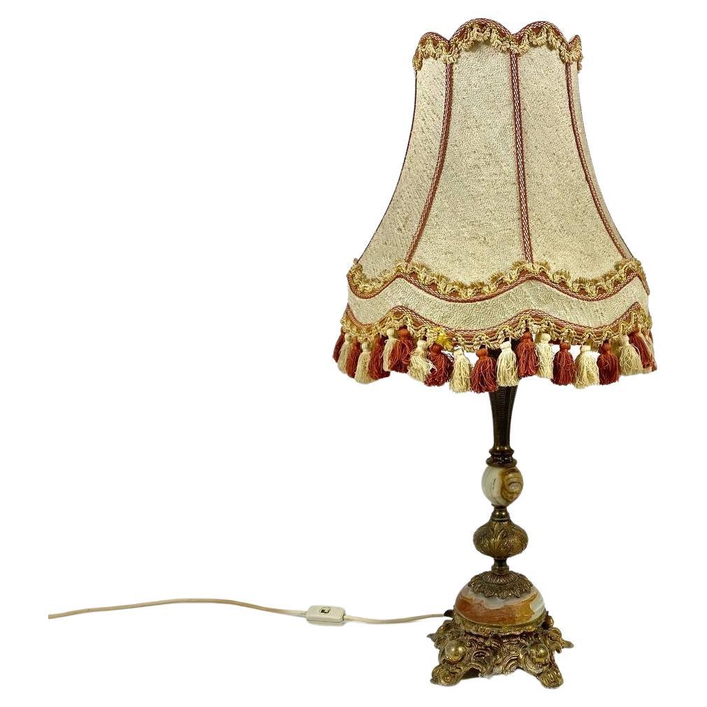 Luxurious Bronze and Marble Table Lamp with Beige Shade and Fringe, France 1960s For Sale