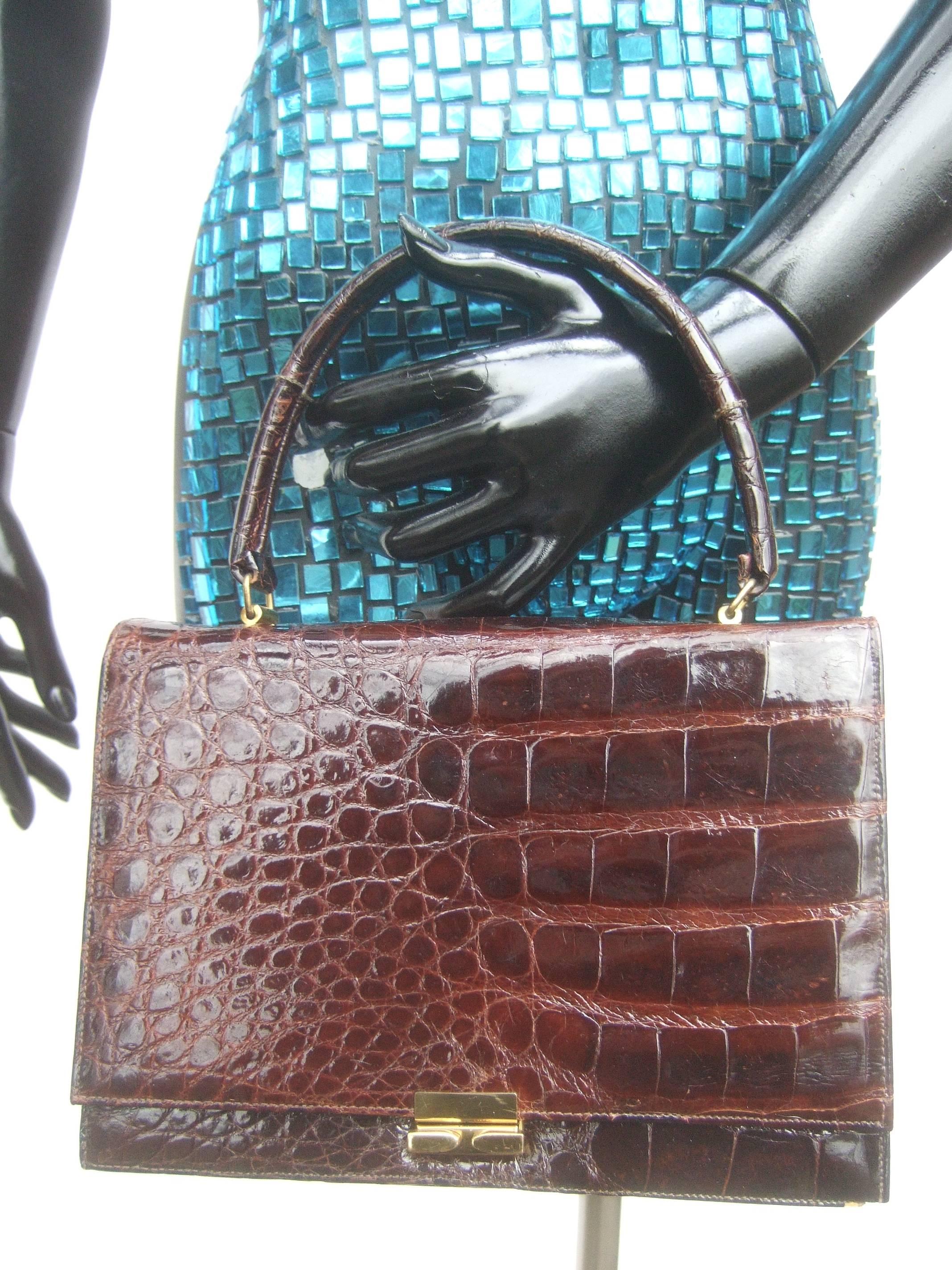 Luxurious Brown Glazed Genuine Alligator Handbag circa 1960 2