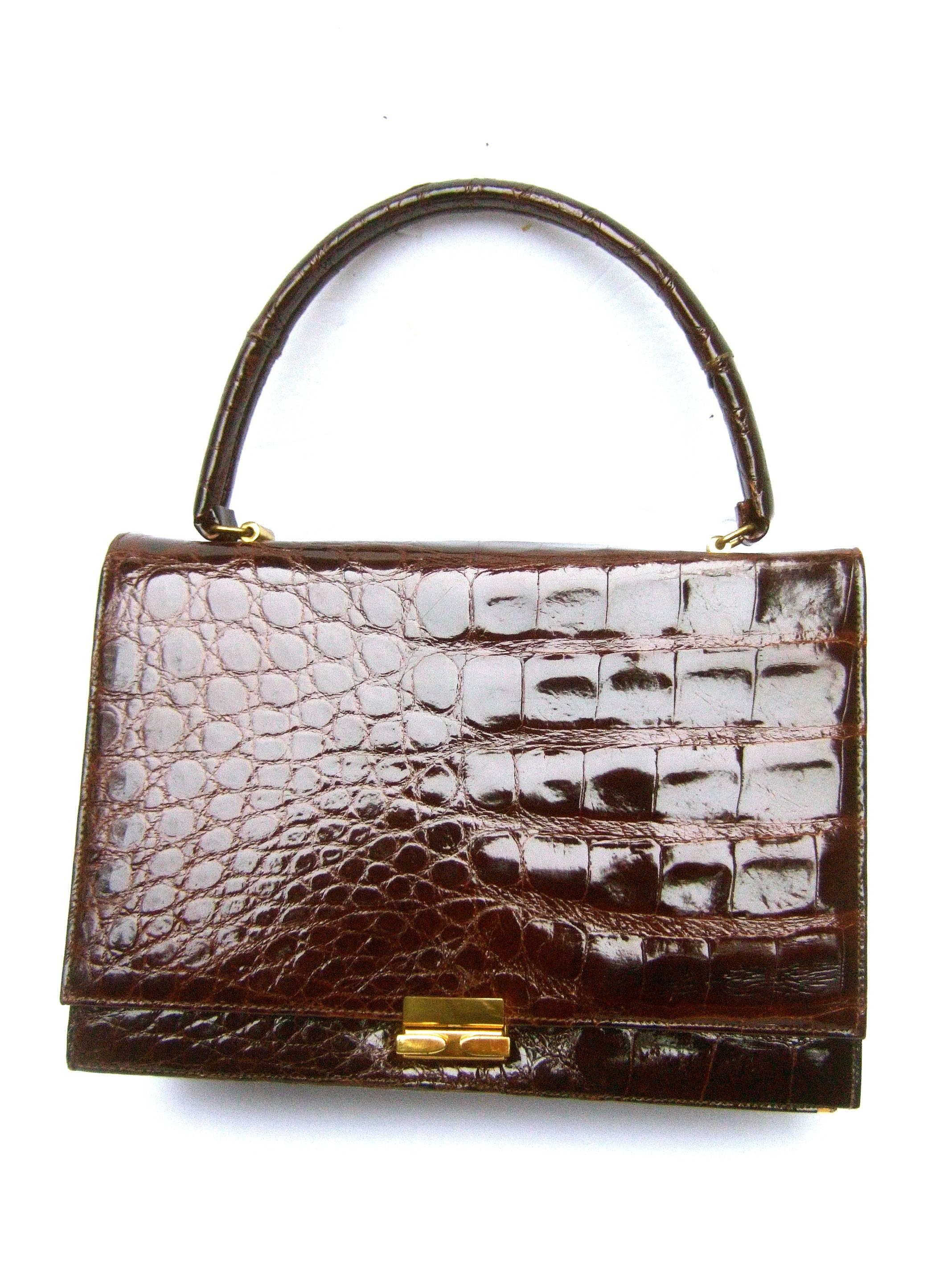 Luxurious Brown Glazed Genuine Alligator Handbag circa 1960 3