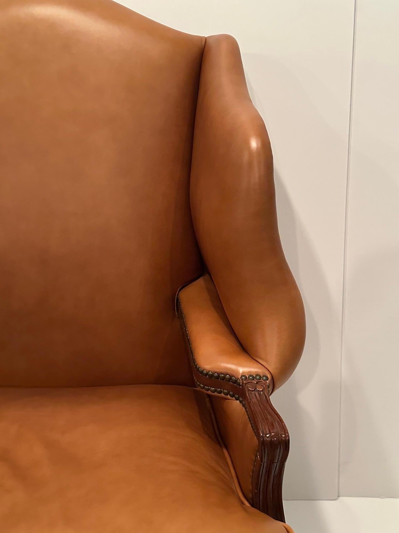 Luxurious Caramel Leather Large Wingback Chair For Sale 4