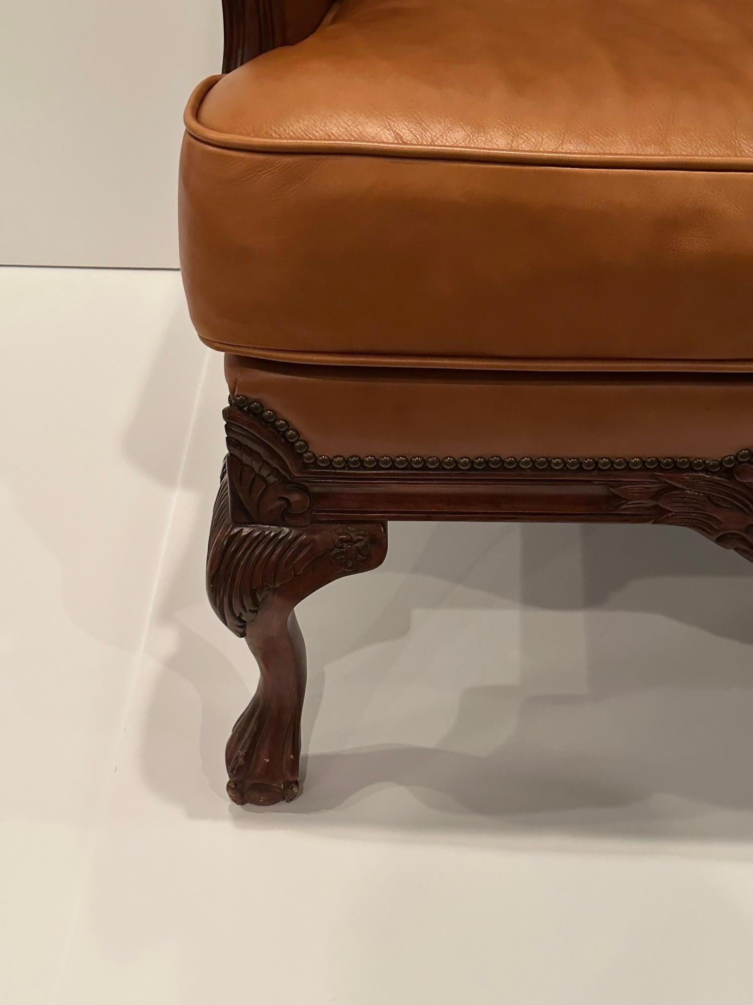 Luxurious Caramel Leather Large Wingback Chair For Sale 7