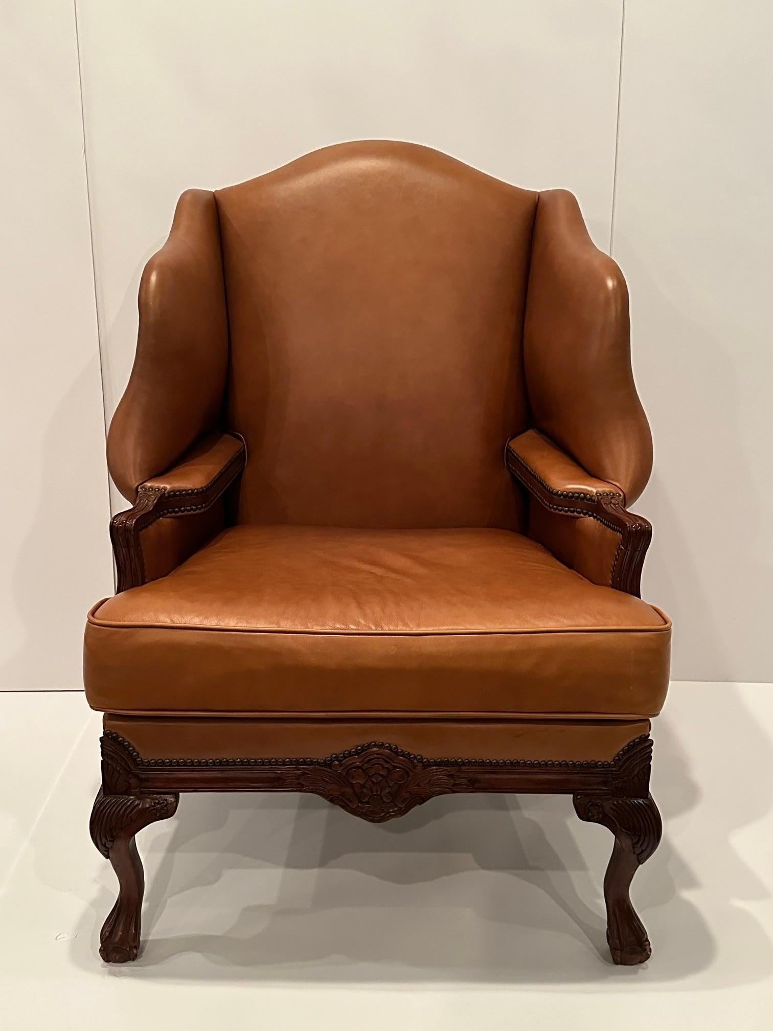 American Classical Luxurious Caramel Leather Large Wingback Chair For Sale
