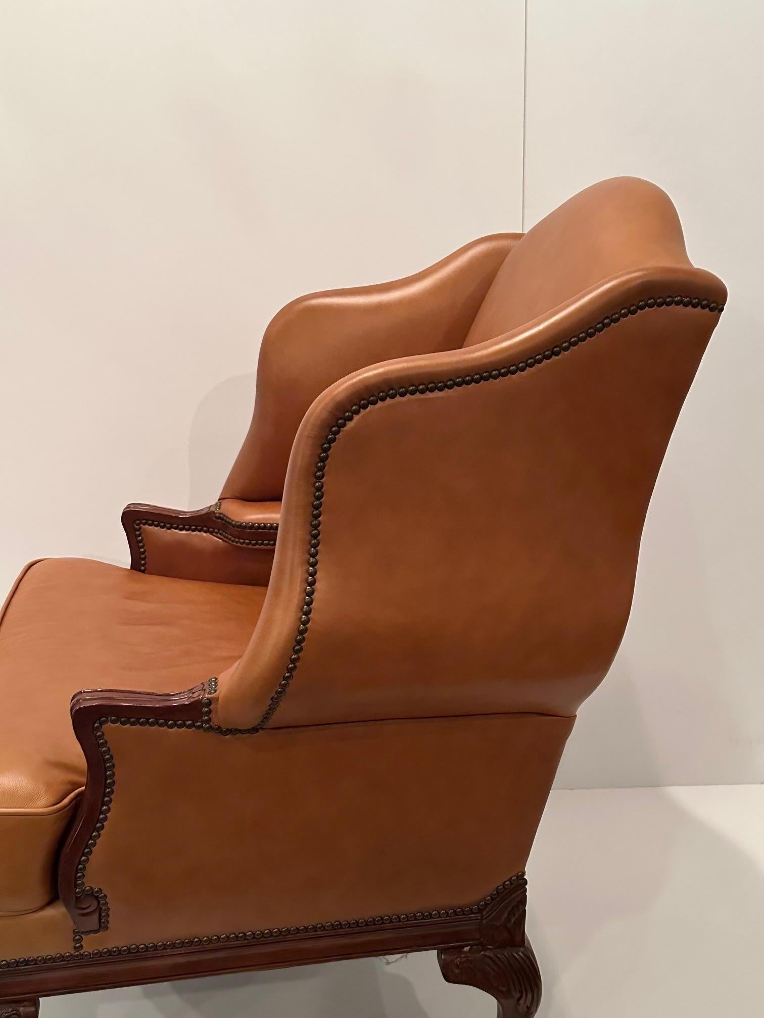 American Luxurious Caramel Leather Large Wingback Chair For Sale