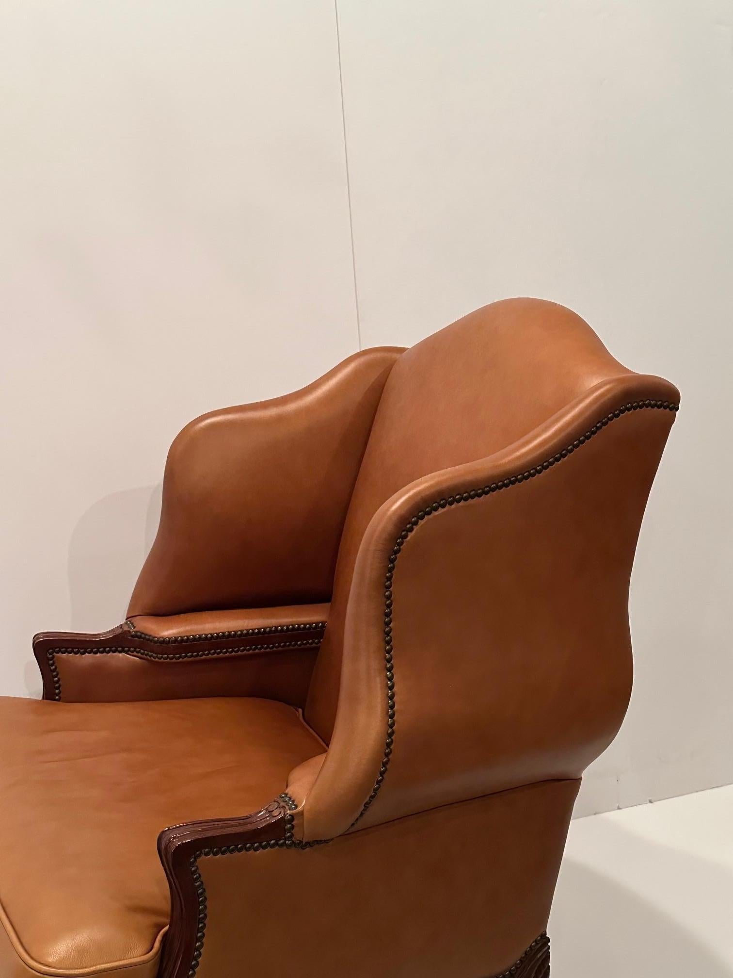 Luxurious Caramel Leather Large Wingback Chair In Good Condition For Sale In Hopewell, NJ