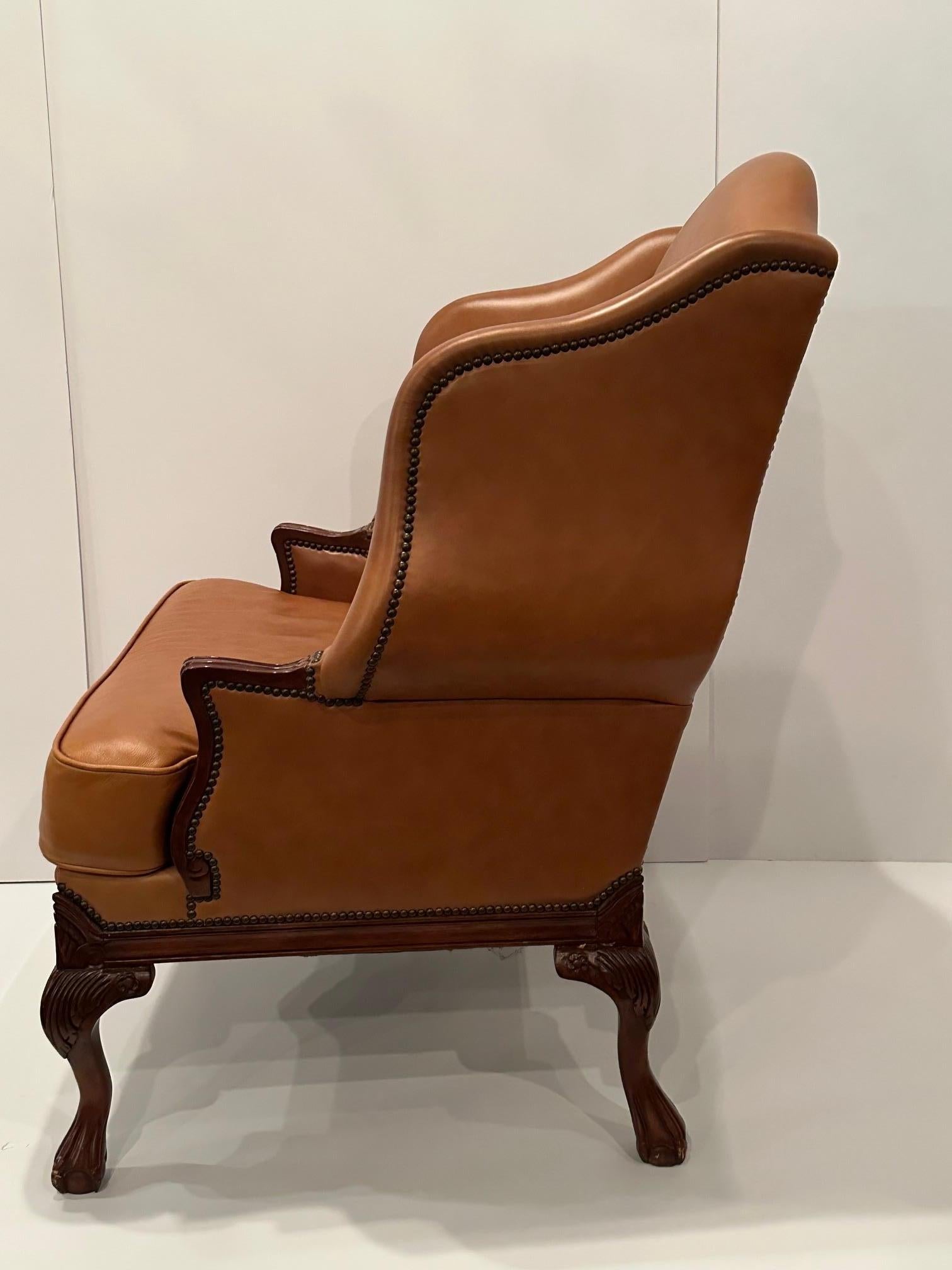 Contemporary Luxurious Caramel Leather Large Wingback Chair For Sale
