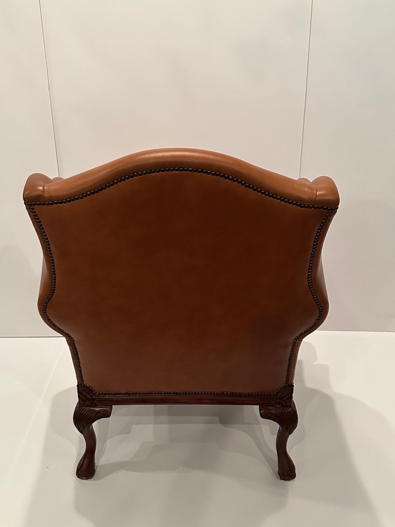 Luxurious Caramel Leather Large Wingback Chair For Sale 1