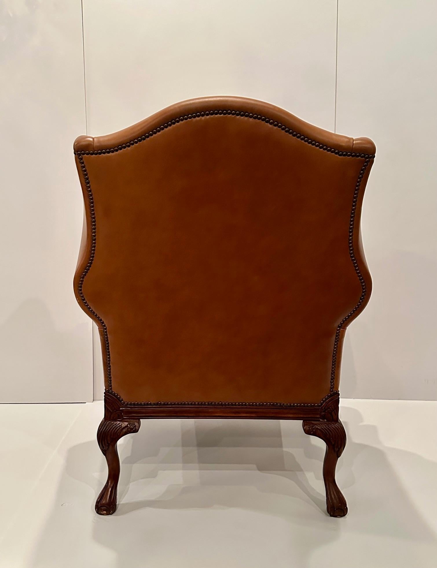 Luxurious Caramel Leather Large Wingback Chair For Sale 2