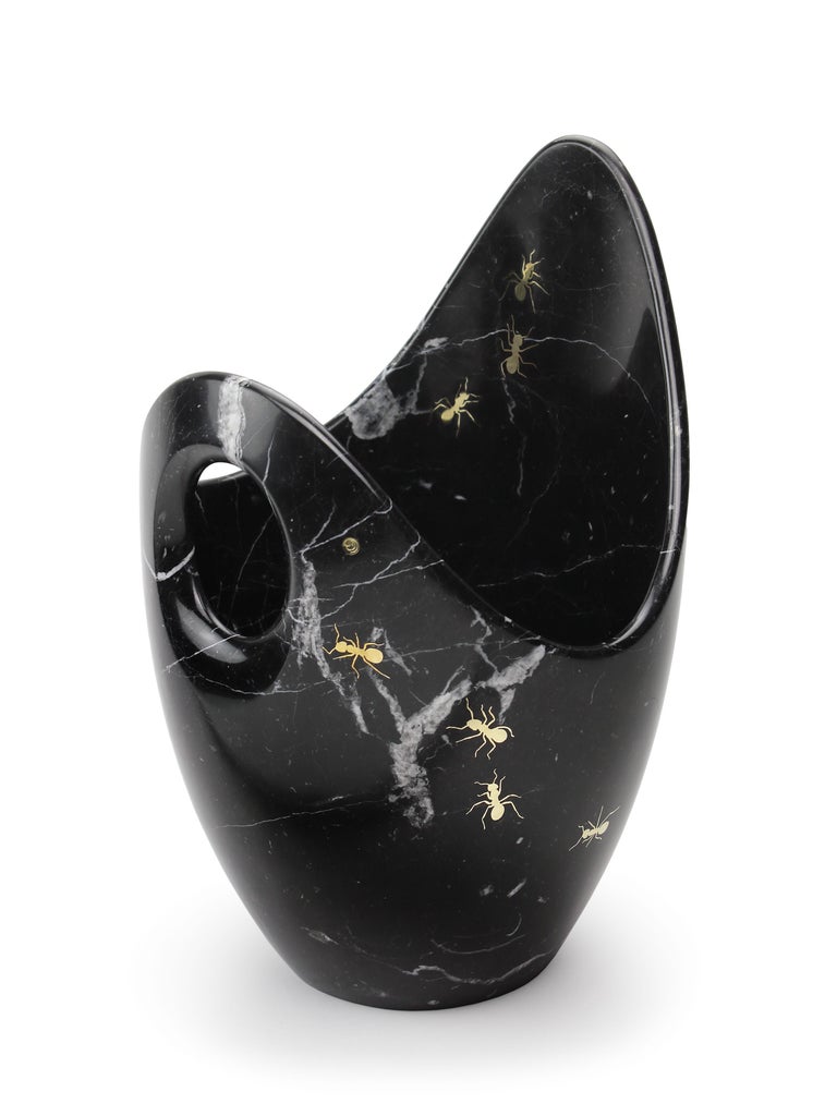 Champagne Bucket Wine Cooler Vase Vessel Black Marquinia Marble Brass Inlay For Sale at 1stDibs
