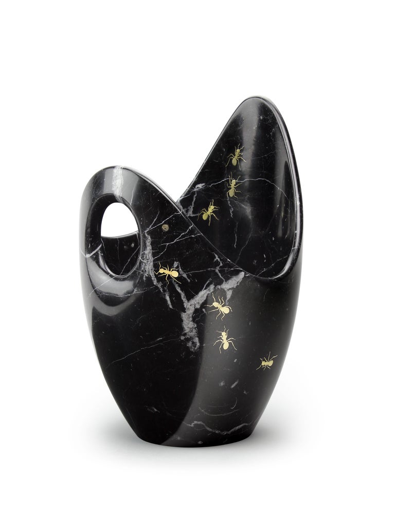 Champagne Bucket Wine Cooler Vase Vessel Black Marquinia Marble Brass Inlay For Sale at 1stDibs