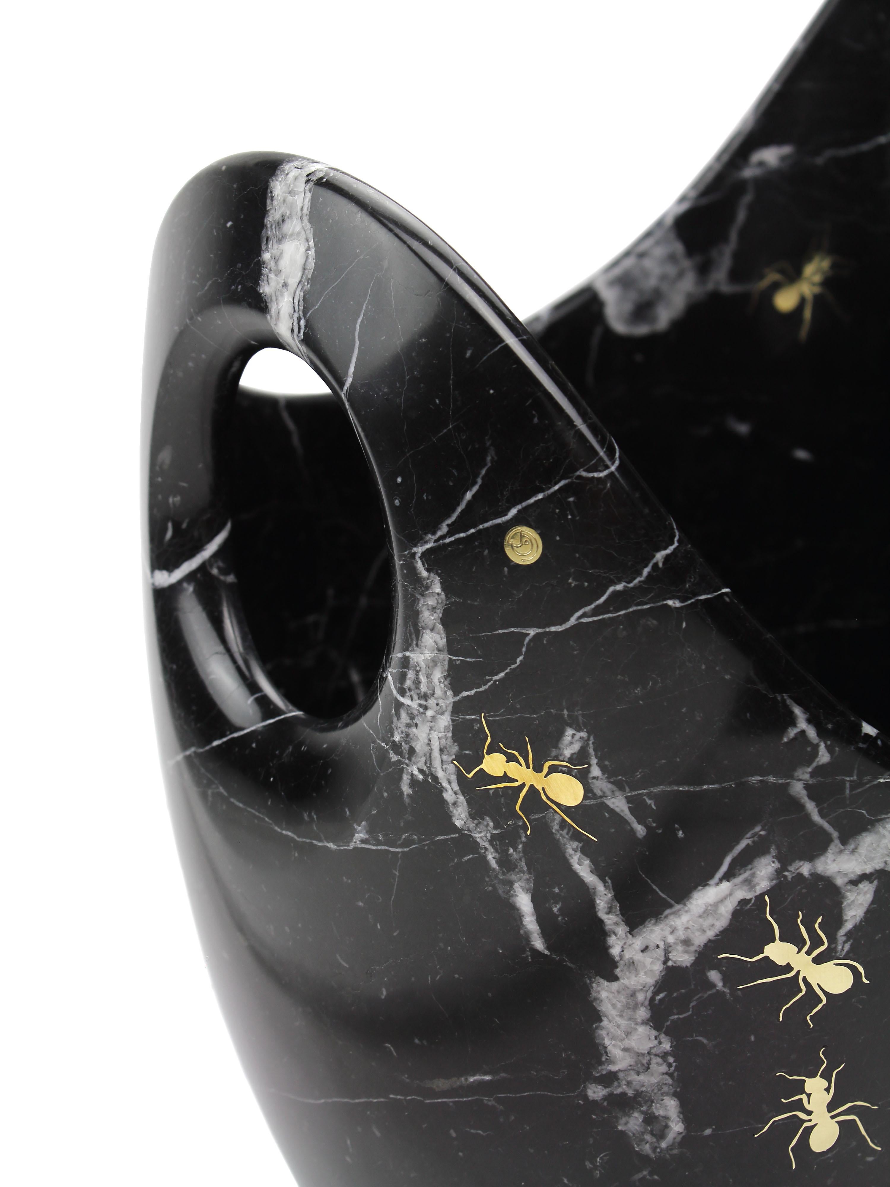 Italian Champagne Bucket Wine Cooler Vase Vessel Black Marquinia Marble Brass Inlay For Sale