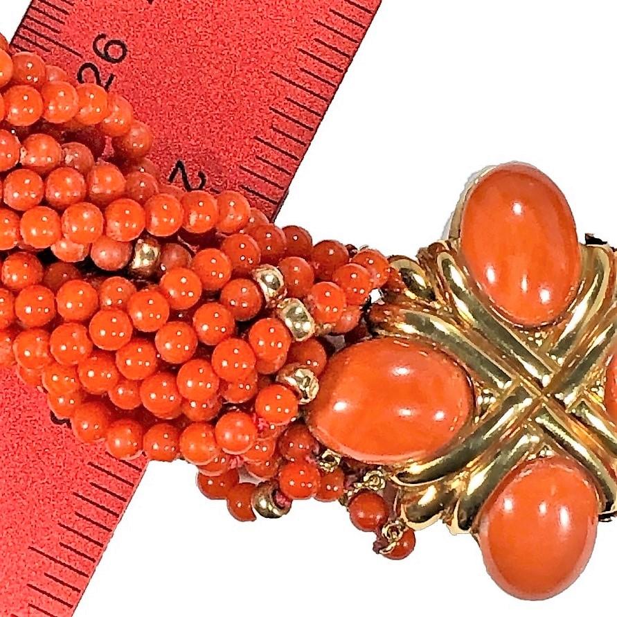 Cabochon Luxurious Choker Length Gold and Vivid Orange Coral Torsade Necklace