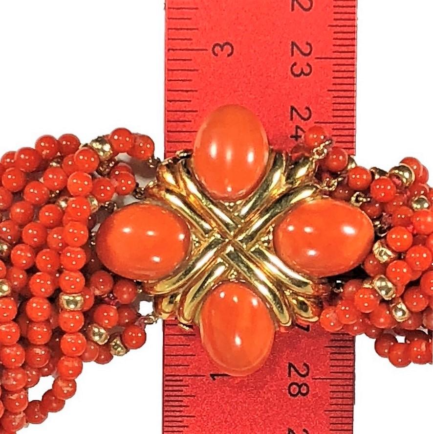 Luxurious Choker Length Gold and Vivid Orange Coral Torsade Necklace In Good Condition For Sale In Palm Beach, FL