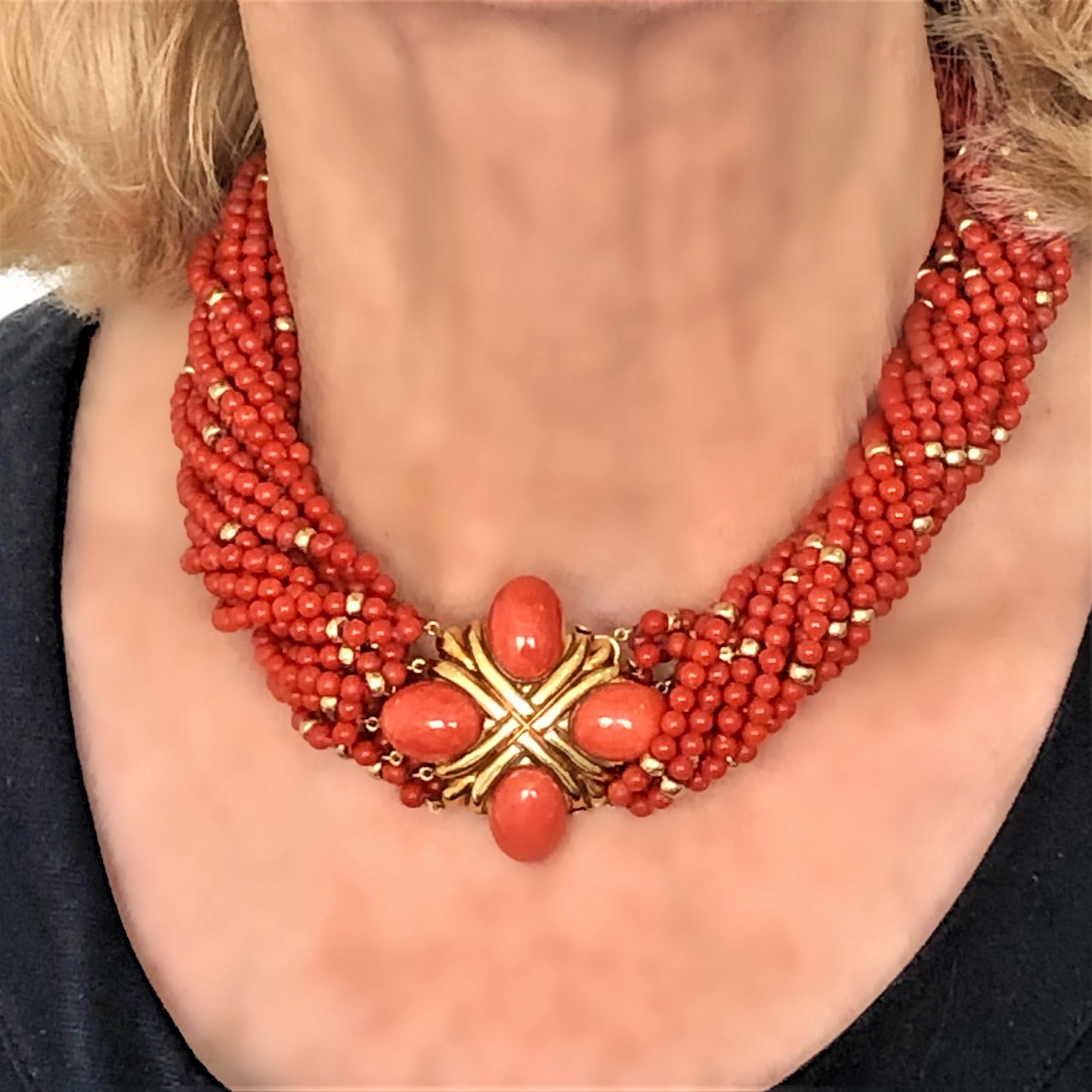 Women's Luxurious Choker Length Gold and Vivid Orange Coral Torsade Necklace For Sale