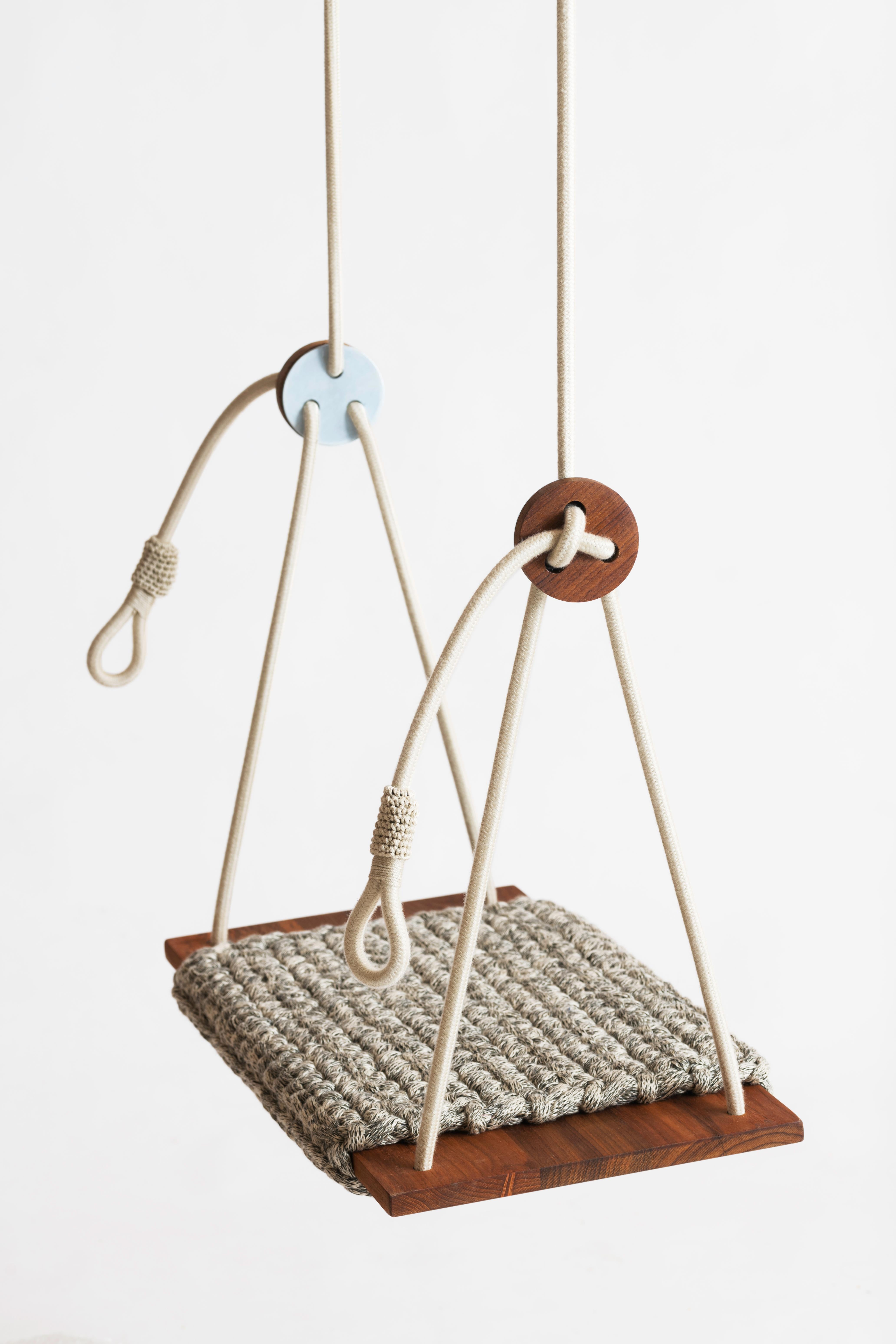 Luxurious Crochet Rug Swing Handmade in UV Protected Grey Yarn with Teak Seat For Sale 1
