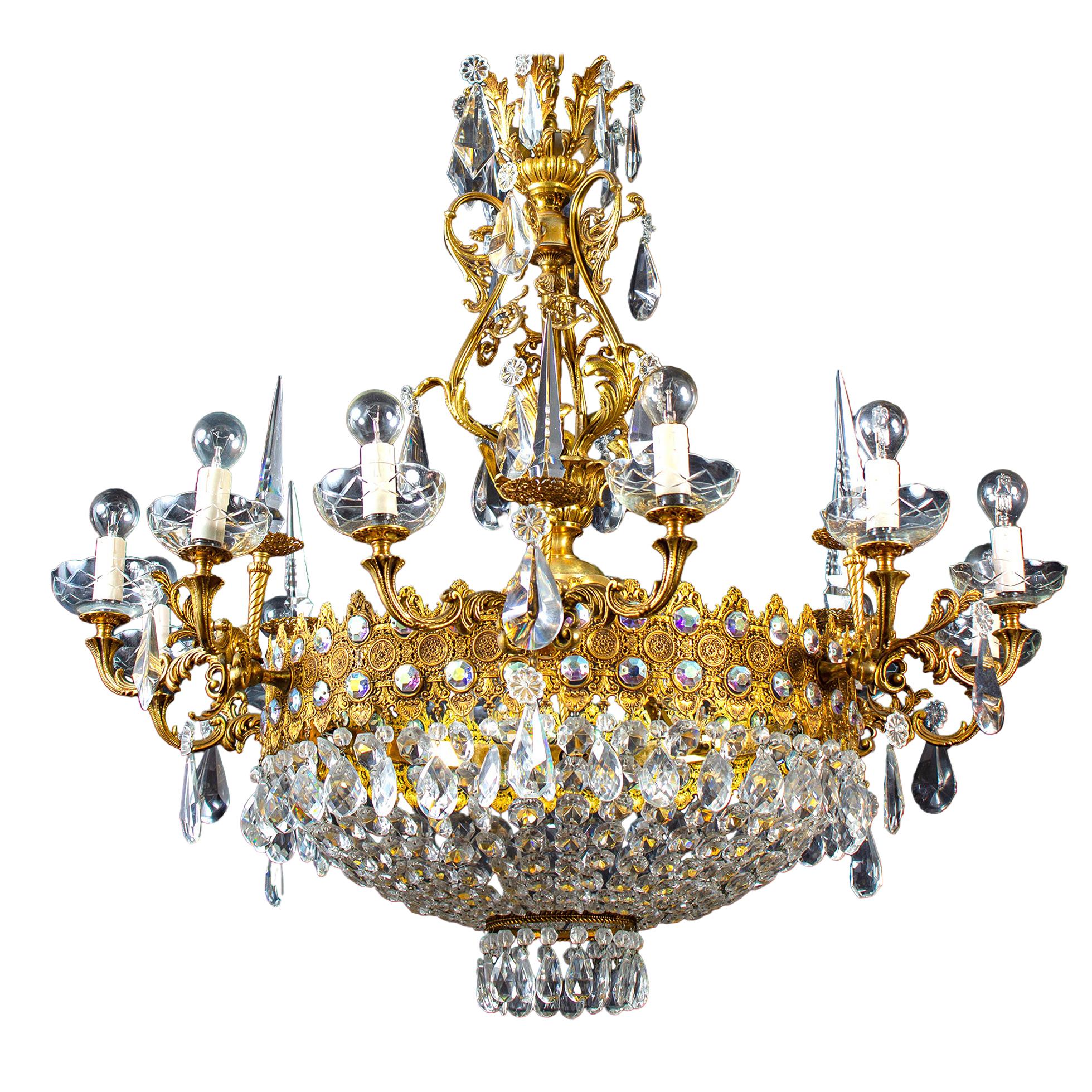Luxurious Crystal and Brass Chandelier, Italy, 1930